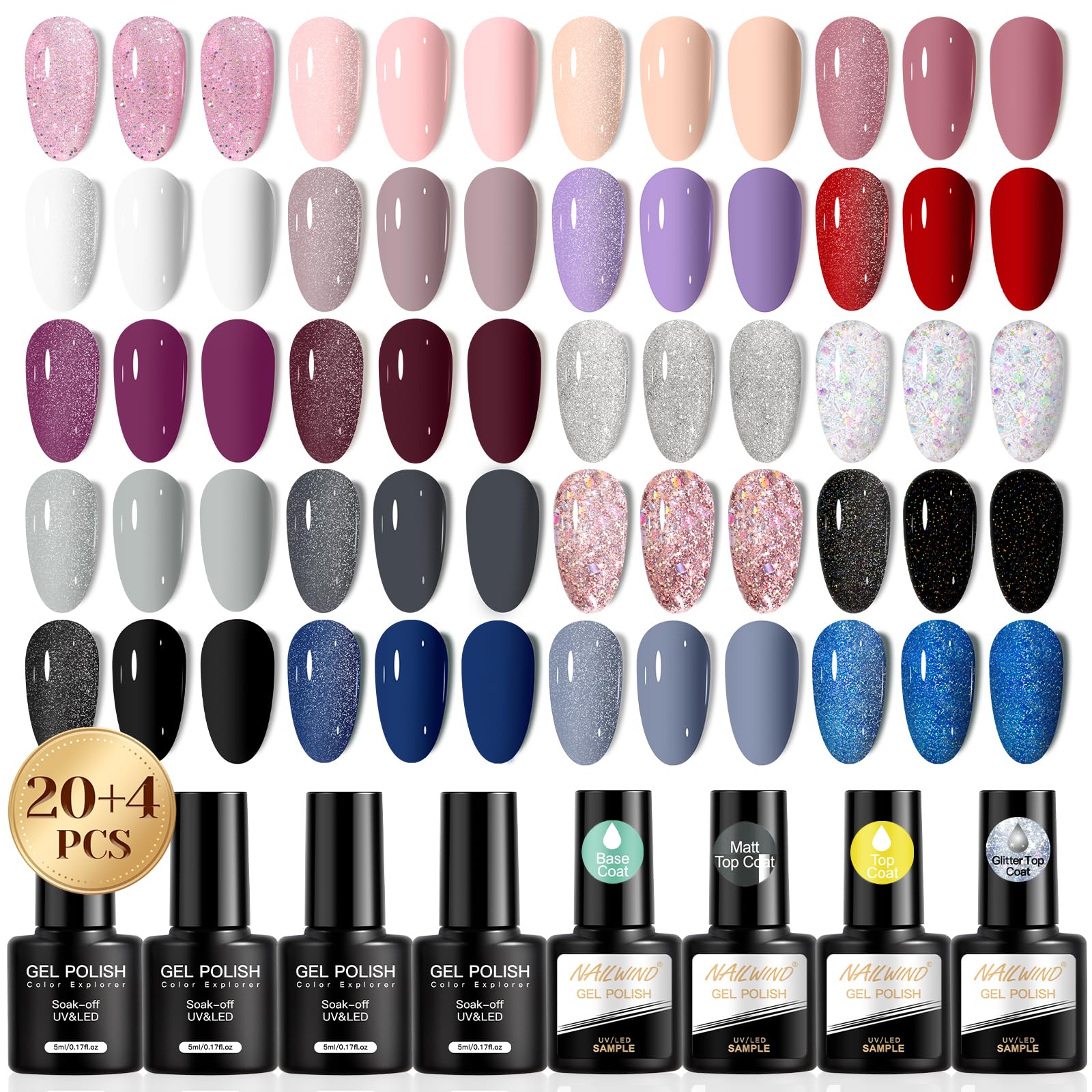 NAILWINDGel Polish Set, 24PCS Gel Nail Polish with Base Coat Glossy Matte and Glitter Top Coat Pink Sliver Blue Gel Polish Collection Gifts for Women