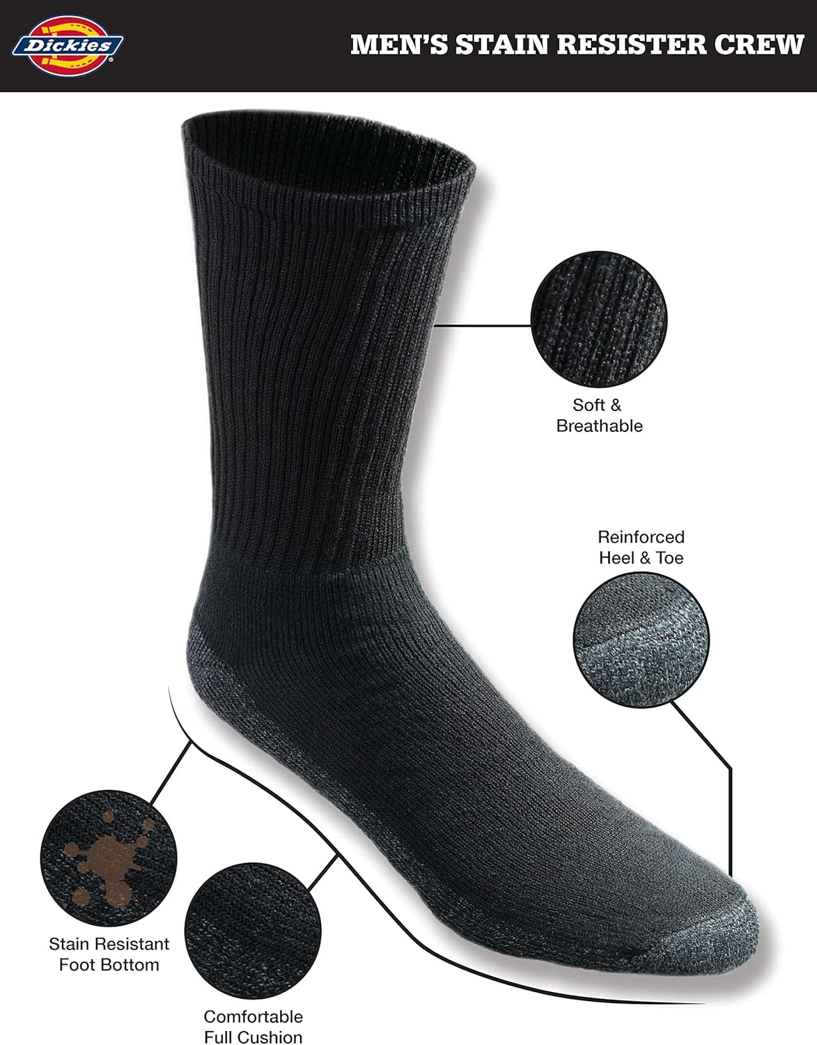 Dickies Men's All Purpose Cushion Crew Socks, Available in M-XL (6, 12 Pairs)