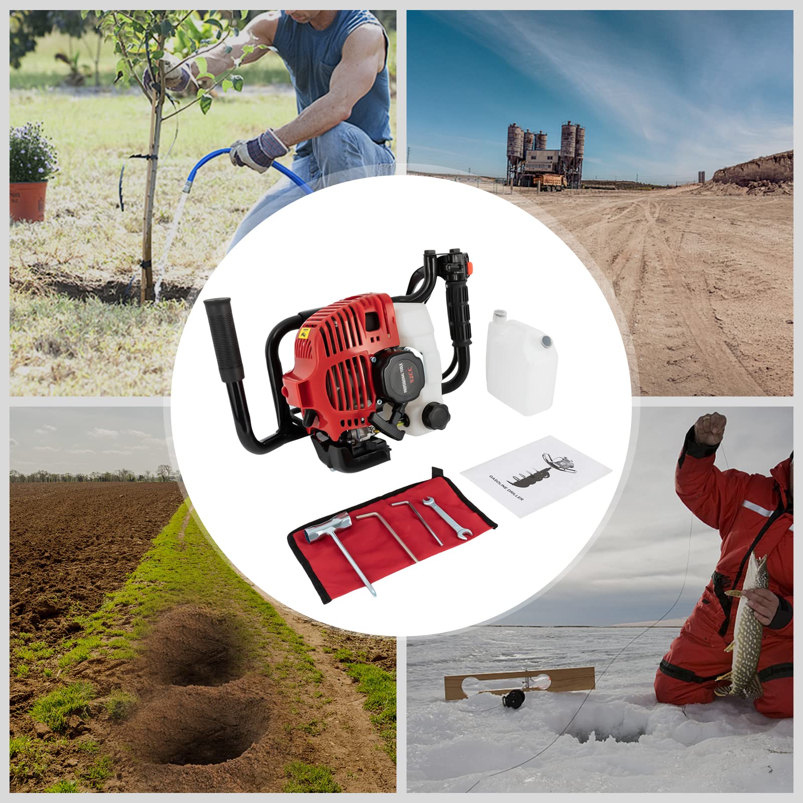 52CC 2-Stroke Gas Post Hole Digger | Professional Auger With 3 Drill Bits | For Fencing, Planting, Landscaping