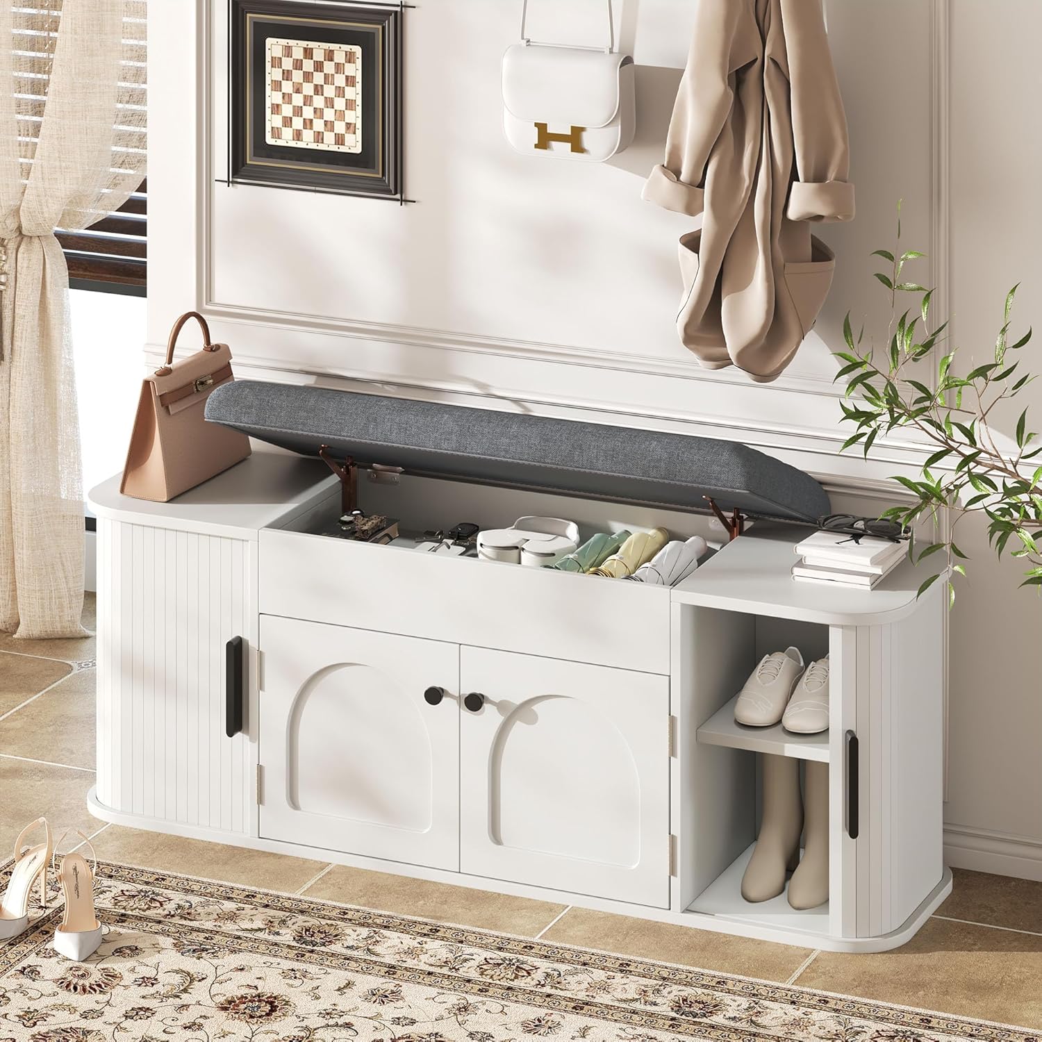 Einhomn 47.2'' Sliding Door Entryway Shoe Storage Bench with Seat Cushion, Shoe Rack with Lift-Top Hidden Storage & Adjustable Shelf, Bench for Bedroom End of Bed, White