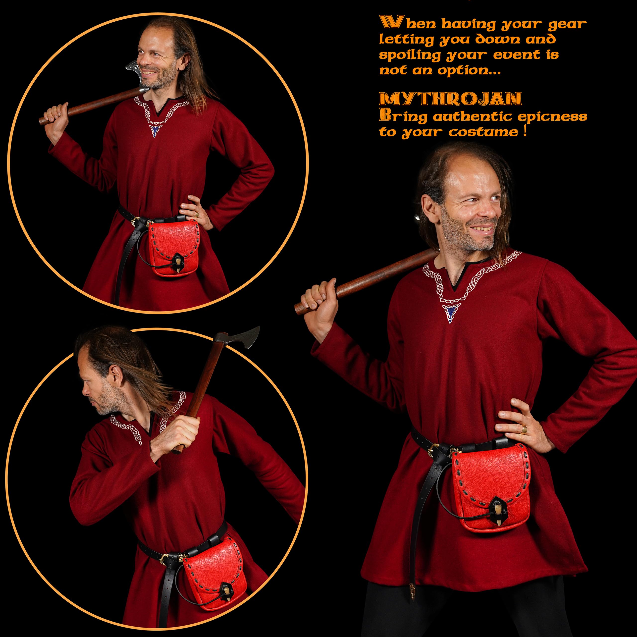 Mythrojan Riñonera de Cuero Original Medieval, Bolsa para Accesorios de Disfraces, cinturón Vikingo para Monedas (Rojo, 8 x 7 Pulgadas)