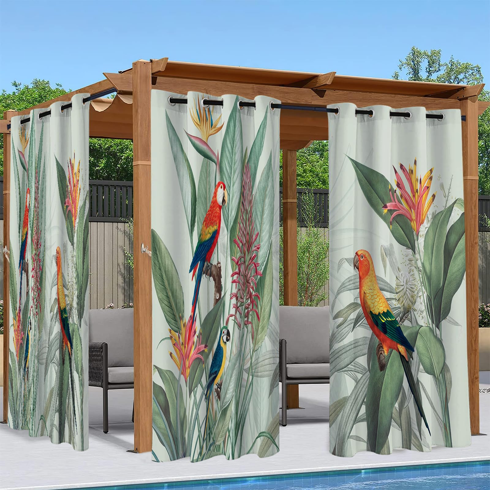 2 Pièces Rideaux D'extérieur Imperméable 132x213cm 3D Printed Rideau Exterieur Impermeable Rideau pour Pergola Terrasse Cabane Tonnelle Jardin, Rideau Occultant Isolant Thermiques, Vert