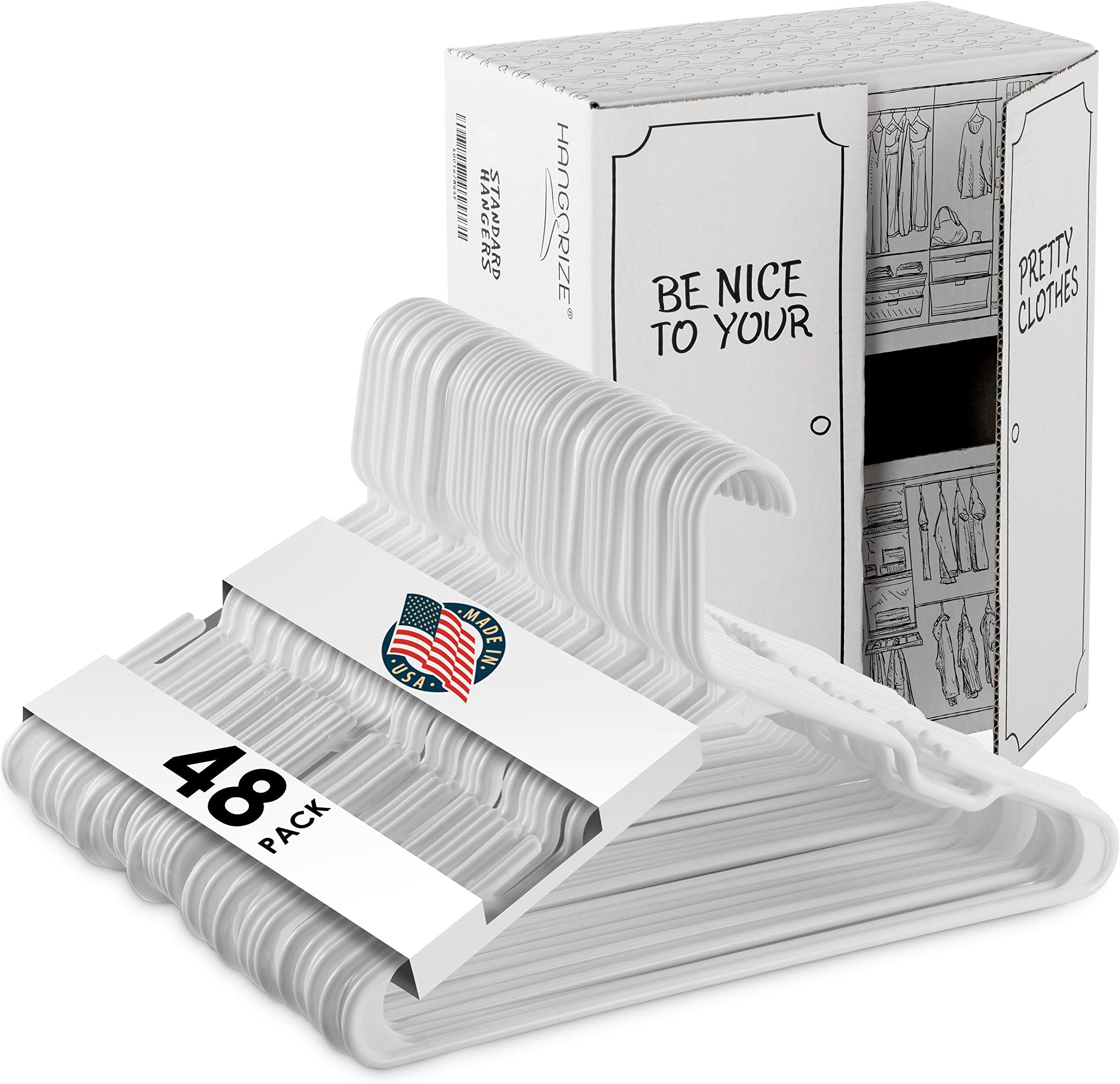 USA Made 48-Pack Plastic White Hangers - Standard-Size Clothes Hanger with Notches - Slim and Durable Hangers for Clothing and Accessories - Closet Organization Essentials for Home, Apartment, Dorm