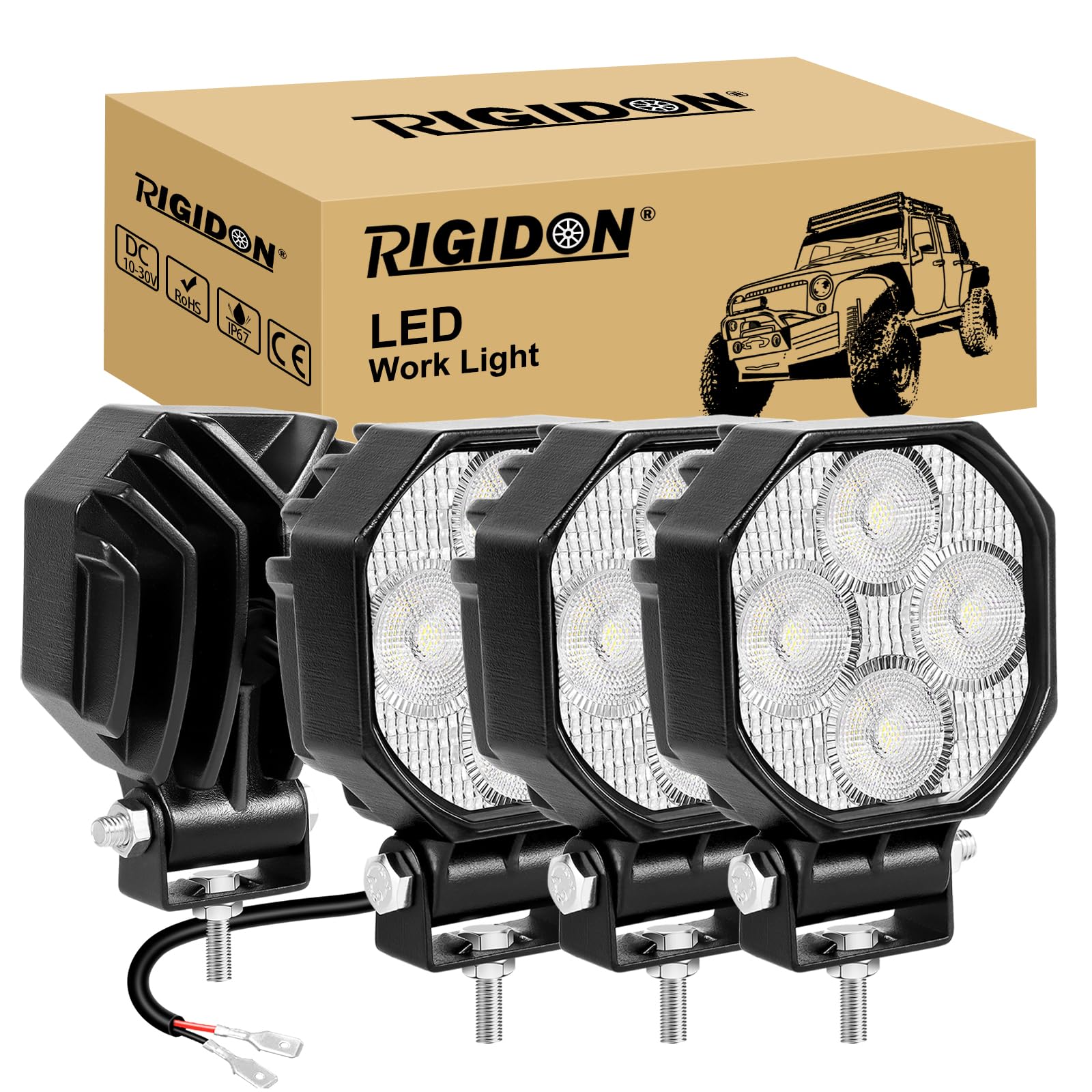 RIGIDON 4-częściowa mini lampa robocza LED, 2,8 cala, 16 W, 1600 lm, reflektor, 12 V, 24 V, lampa do jazdy w terenie, do samochodów terenowych, ciężarówek, SUV-ów, quadów, traktorów, koparek, łodzi