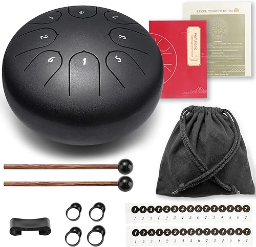 Miniatura 5 de Lronbird Tambor de lengua de acero de aleación de 6 pulgadas, 8 notas con palitos de bolsa, libro de música, instrumentos de curación de sonido para