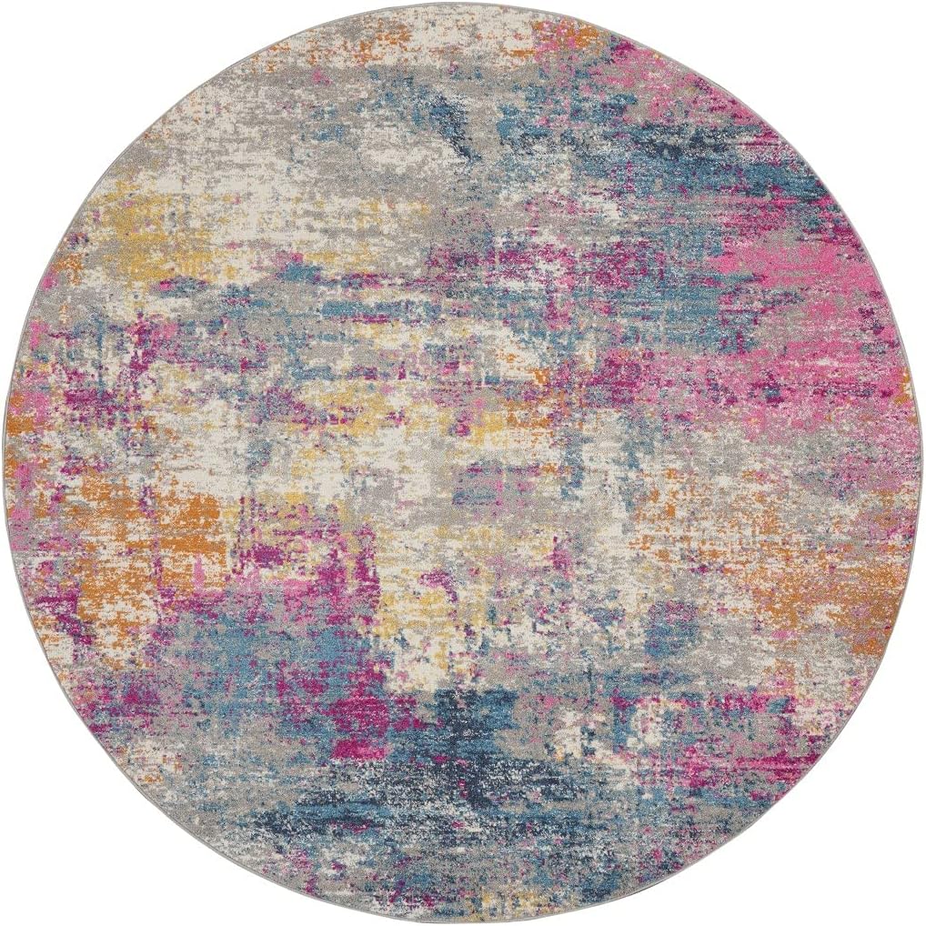 HomeRoots 4' Blue and Pink Round Abstract Power Loom Area Rug