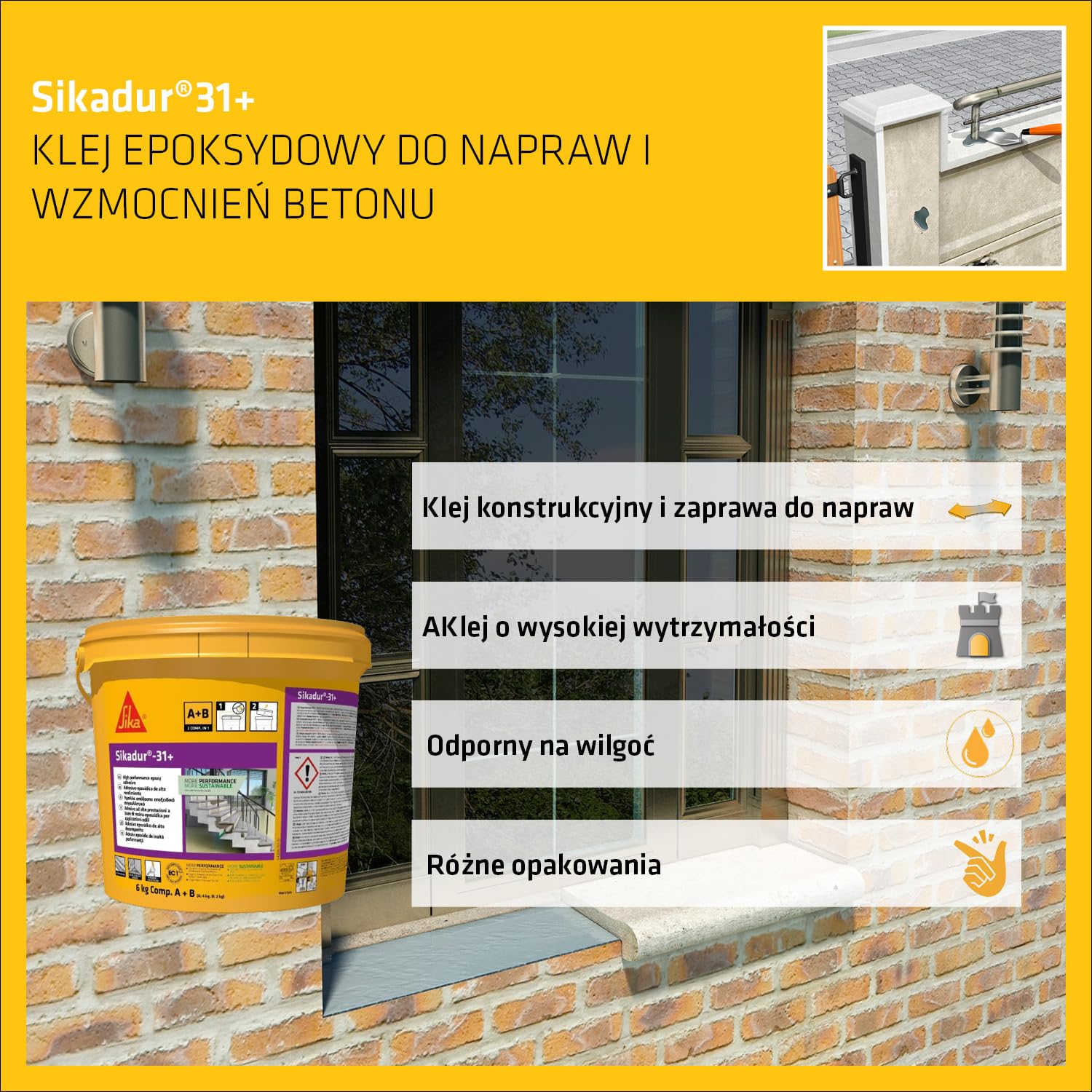 SIKA - Klej epoksydowy konstrukcyjny - Sikadur 31+ - 6kg | Klej konstrukcyjny epoksydowy - Do prac naprawczych - Wysoka przyczepność - Do wnętrz i na zewnątrz