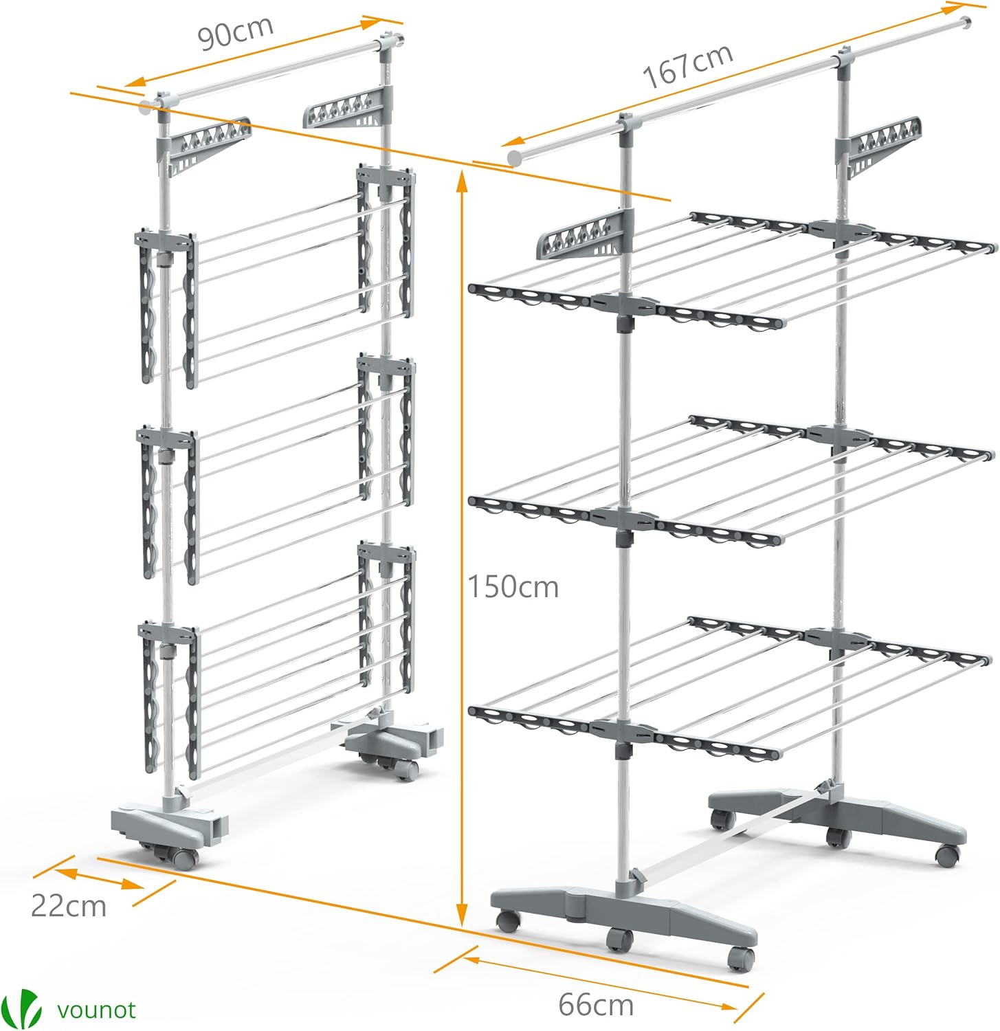 Diagram showing the dimensions of the VOUNOT 3-Tier Clothes Drying Rack in both its folded (90cm width, 22cm depth) and unfolded (167cm width, 66cm depth, 150cm height) configurations.