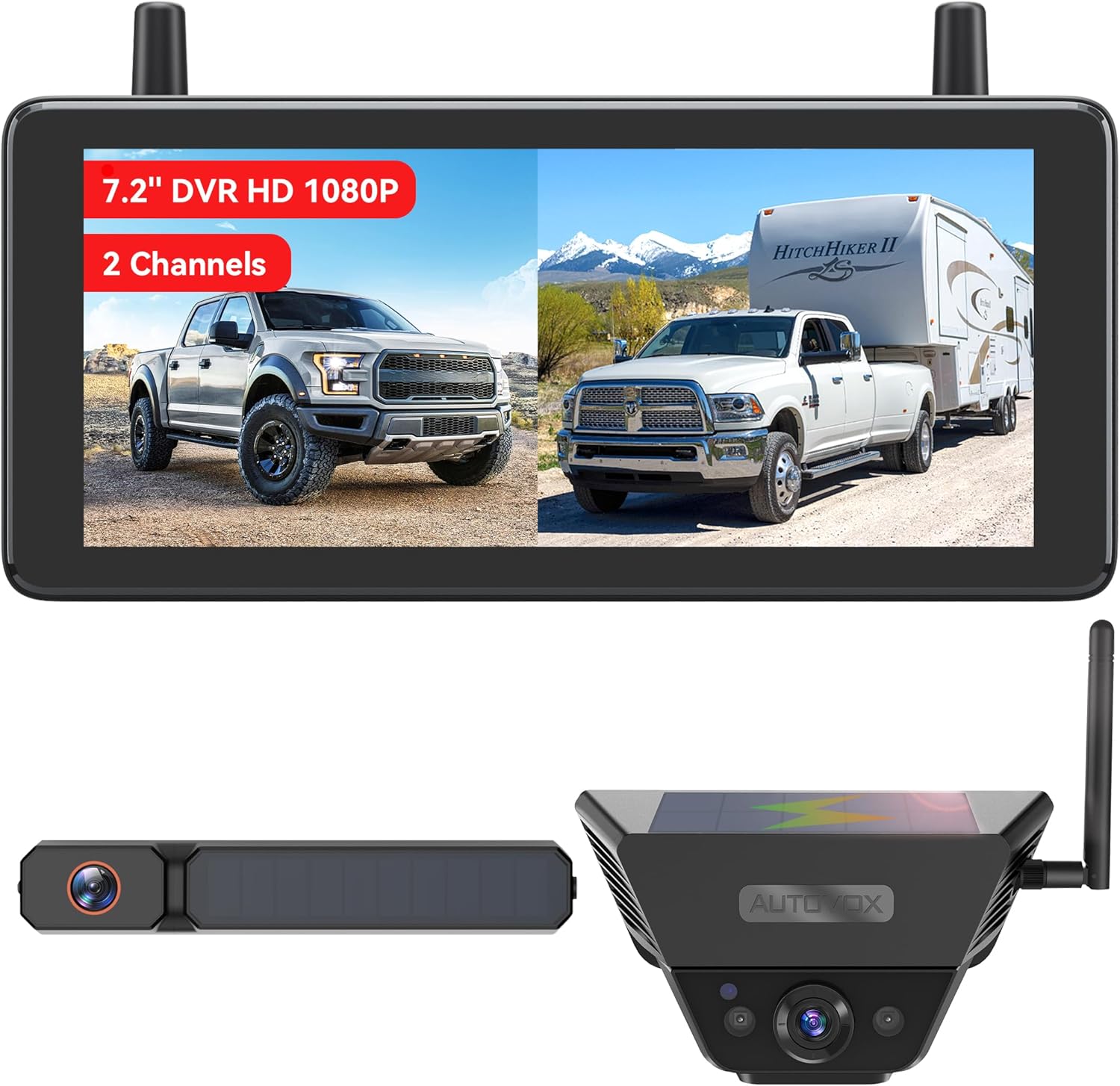 AUTO-VOX 2 Solar Wireless Backup Camera System: 7.2” 1080P HD Split-Screen Monitor, 3-Min Install, IP69K Dual Cams for Trucks, RVs, Trailers