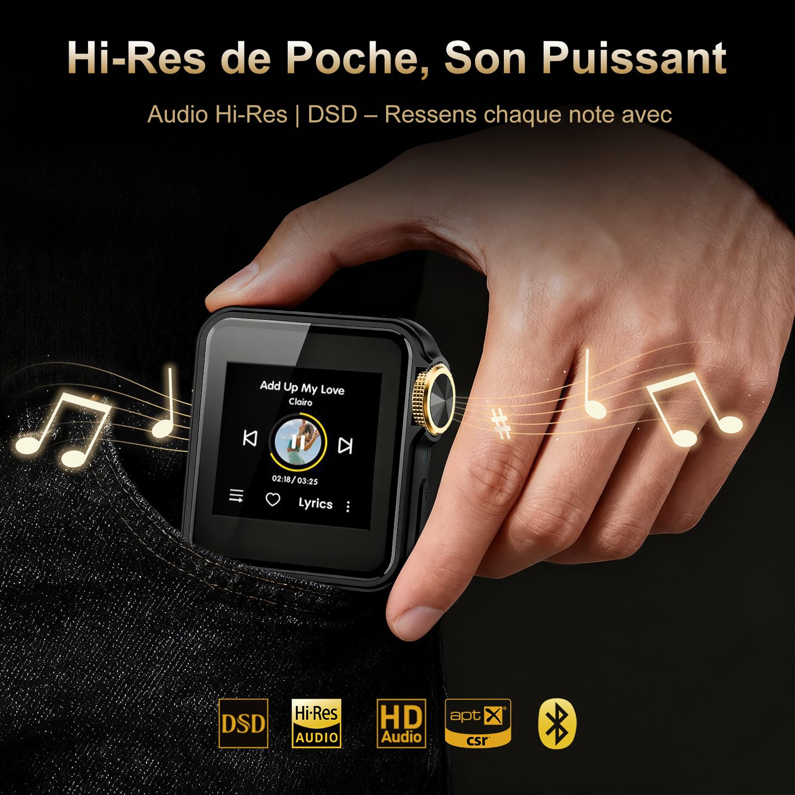 Reproductor MP3 HIFI WALKER H2 Mini con Bluetooth aptX, Audio Hi-Res, DAC ESS9218, Reproductor de Música Portátil con Clip, Pantalla Táctil, 64GB Incluidos, Compatible hasta 512GB, Negra