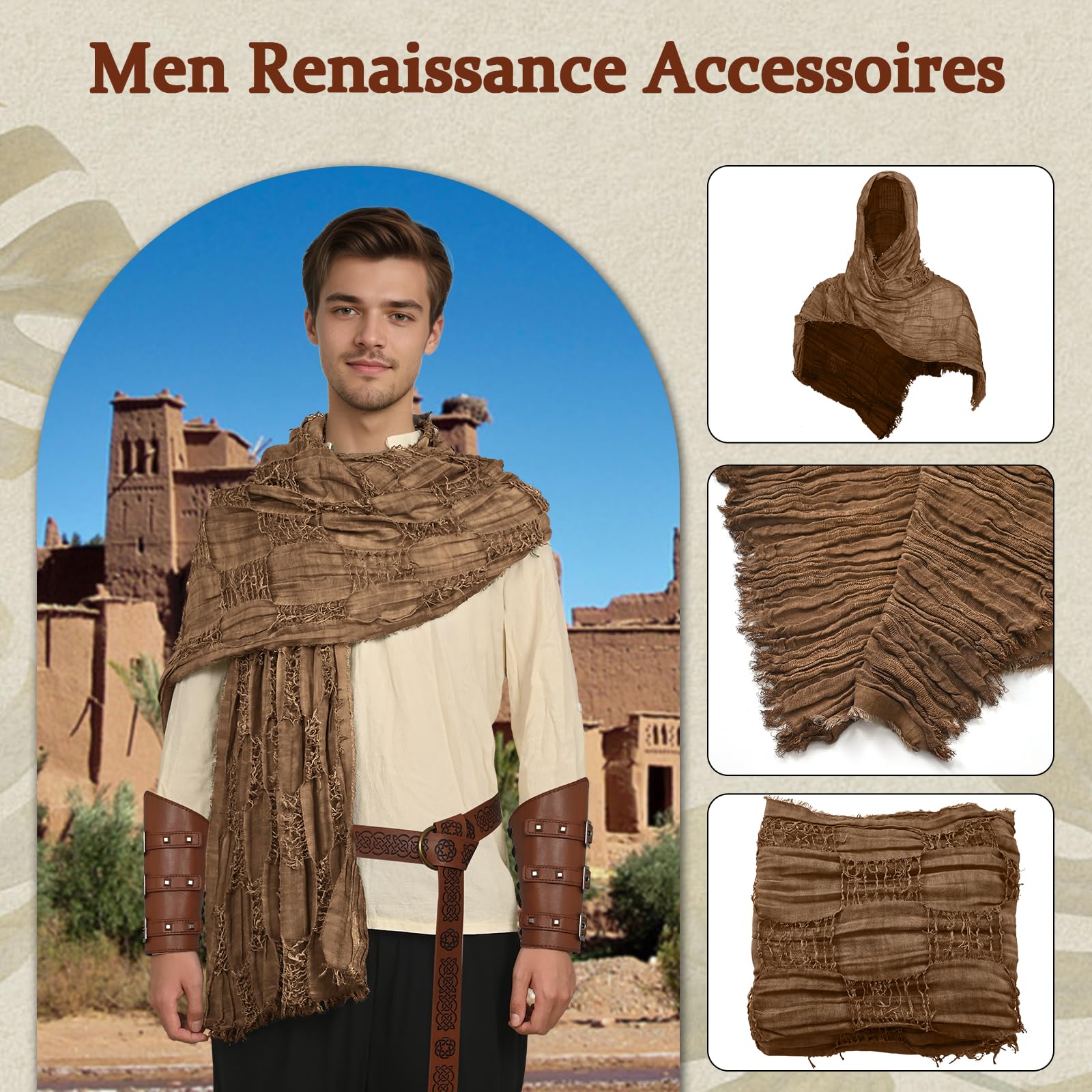 3PCS Medieval Knight Accessories Set - Renaissance Viking Style Cloak Scarf, Leather Belt, Buckle Straps, Brown - Image 2