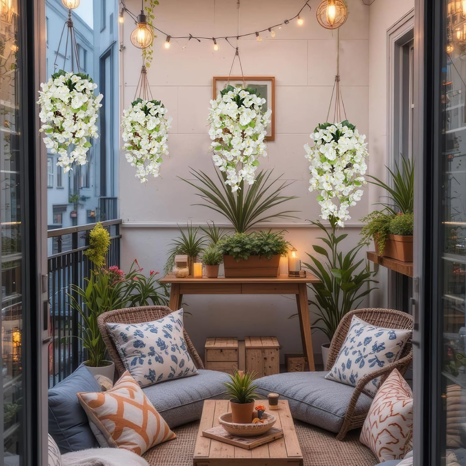 2 Pcs Fake Hibiscus Flowers Artificial Hanging Flowers Plants for Outdoors Realistic UV Resistant Spring Summer Decor White Silk Faux Flowers Trailing Vines for Front Door Porch Outside - Image 3