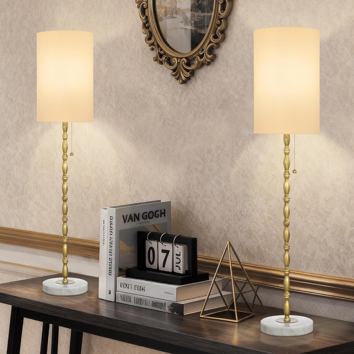 31" Buffet Lamps Set of 2 for Living Room, Tall Skinny Buffet Table Lamps with Marble Base, Gold Lamp Set of 2 for Credenza, Fireplace, Mid-Century Gold Candlestick Lamp for Bedroom