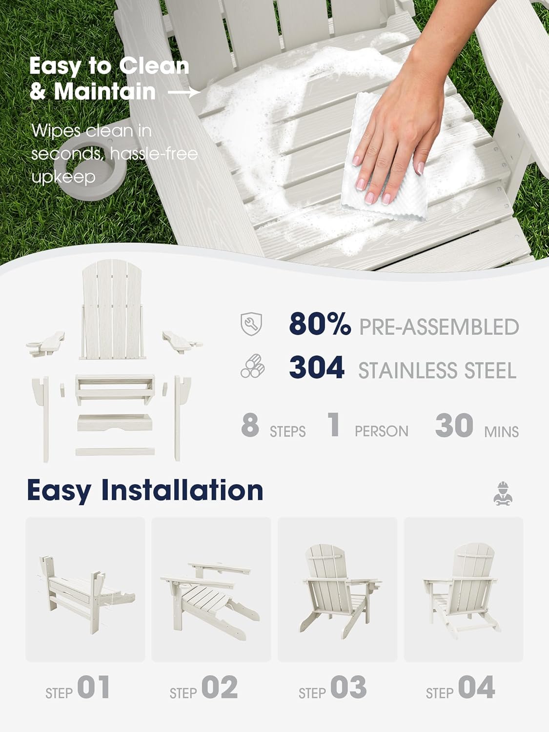 KINGYES Folding Adjustable Adirondack Chair with Ottoman & 2 Cup Holders, HDPE Adirondack Recliner Chair with Footrest, White