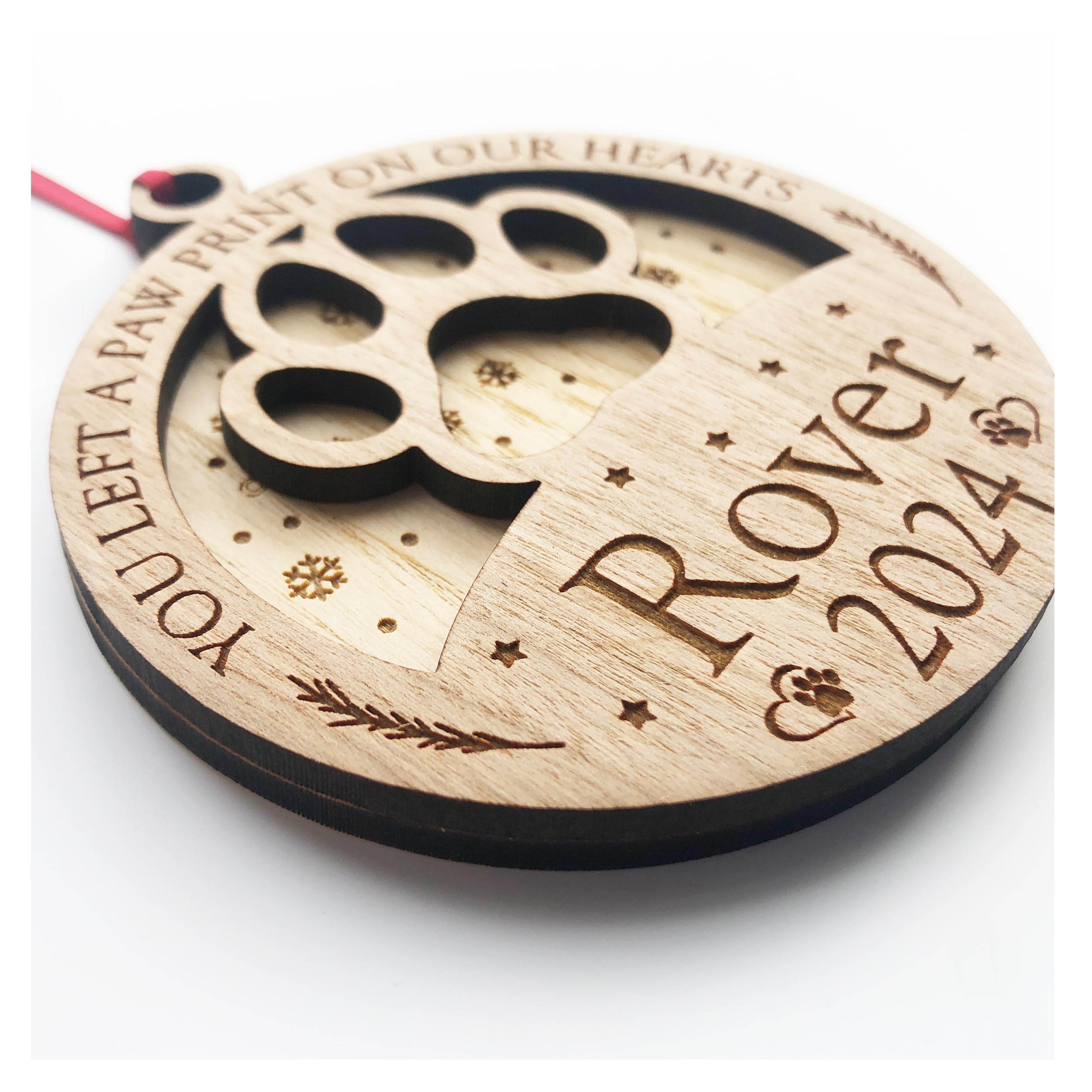 3D Double Layered Wooden Christmas Tree Baubles With Ribbon - Personalised (Lost Dog Cat Pet)