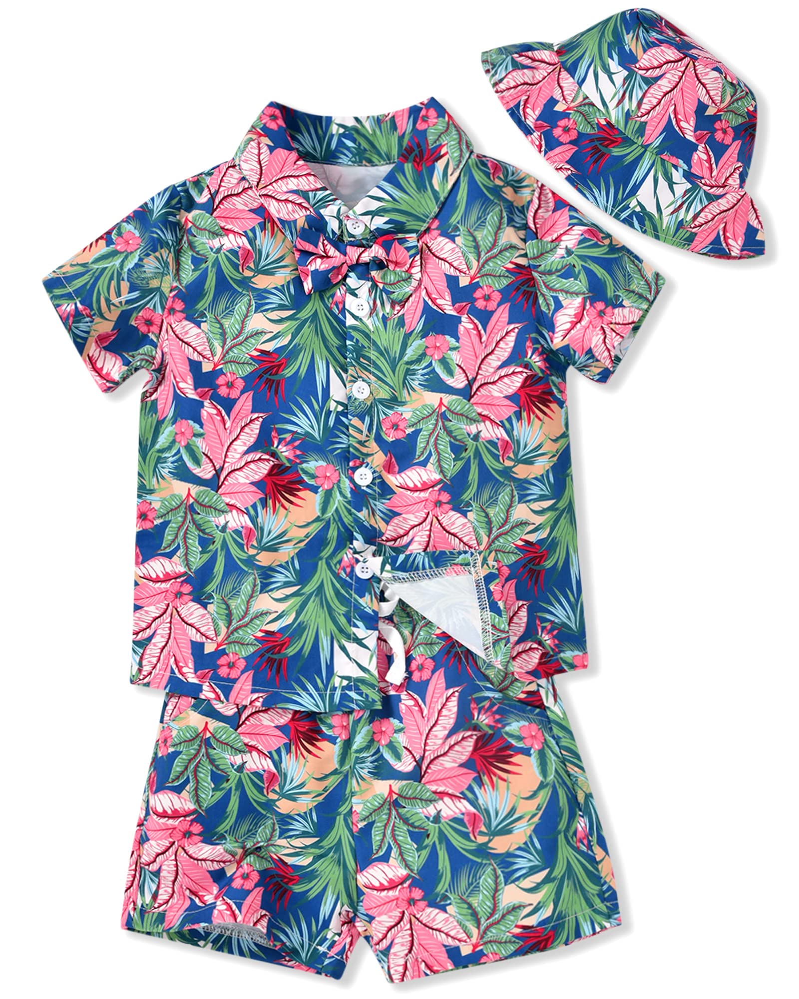 fioukiay Toddler Baby Boy Summer Outfits Little Kids Hawaiian Clothes Short Sets Floral Top Bowtie Shirt