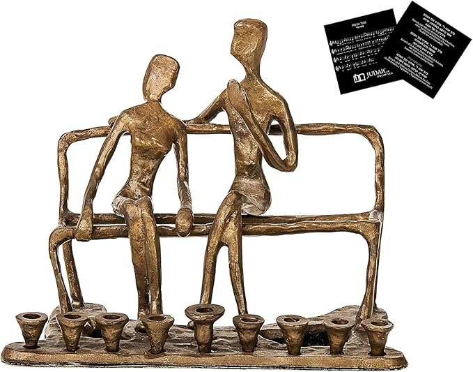 Judaica Bronze Hanukkah Menorah Sculpture with Figurines Made for Standard Candles 9 inch Tall.