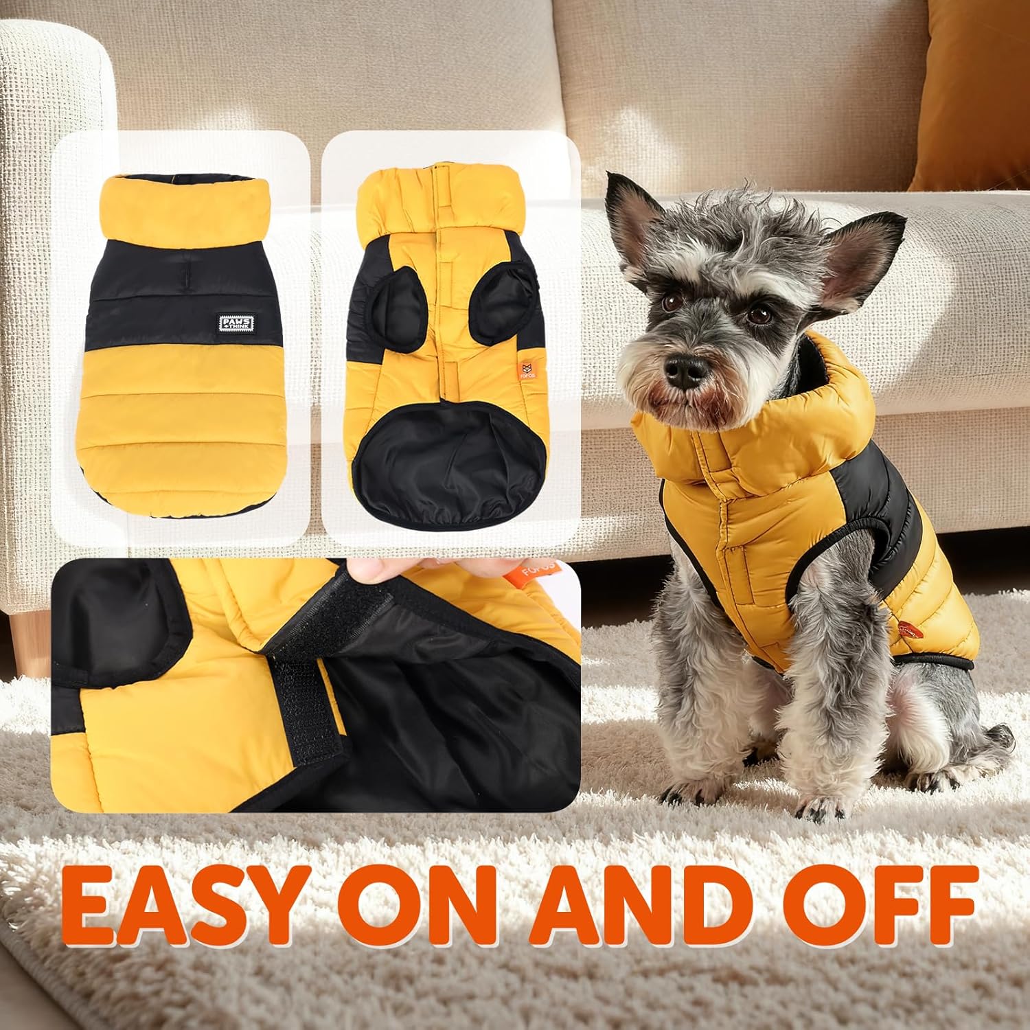FOFOS Dog Winter Coat, Plush Dog Jacket with Leash Hole, Adjustable Warm Pet Snow Vest for Small Medium Dogs, Yellow, XS - Image 5