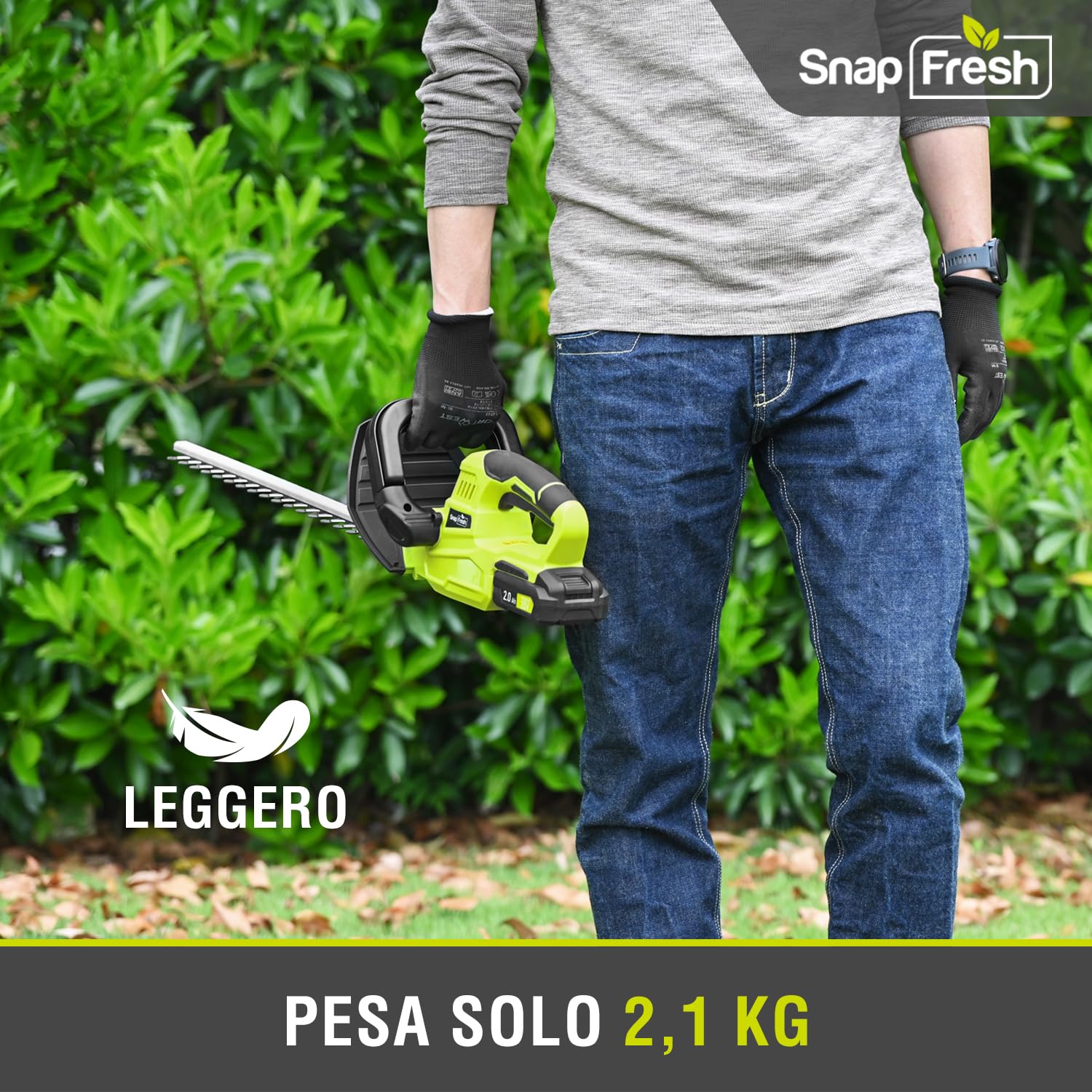 SnapFresh Tagliasiepi a Batteria 20V, Leggero 2,15 kg, 55 cm Lunghezza di Taglio, Distanza Denti 14 mm, 2800 SPM, Tagliasiepi Elettrico per Giardino, Siepi, Arbusti e Cespugli