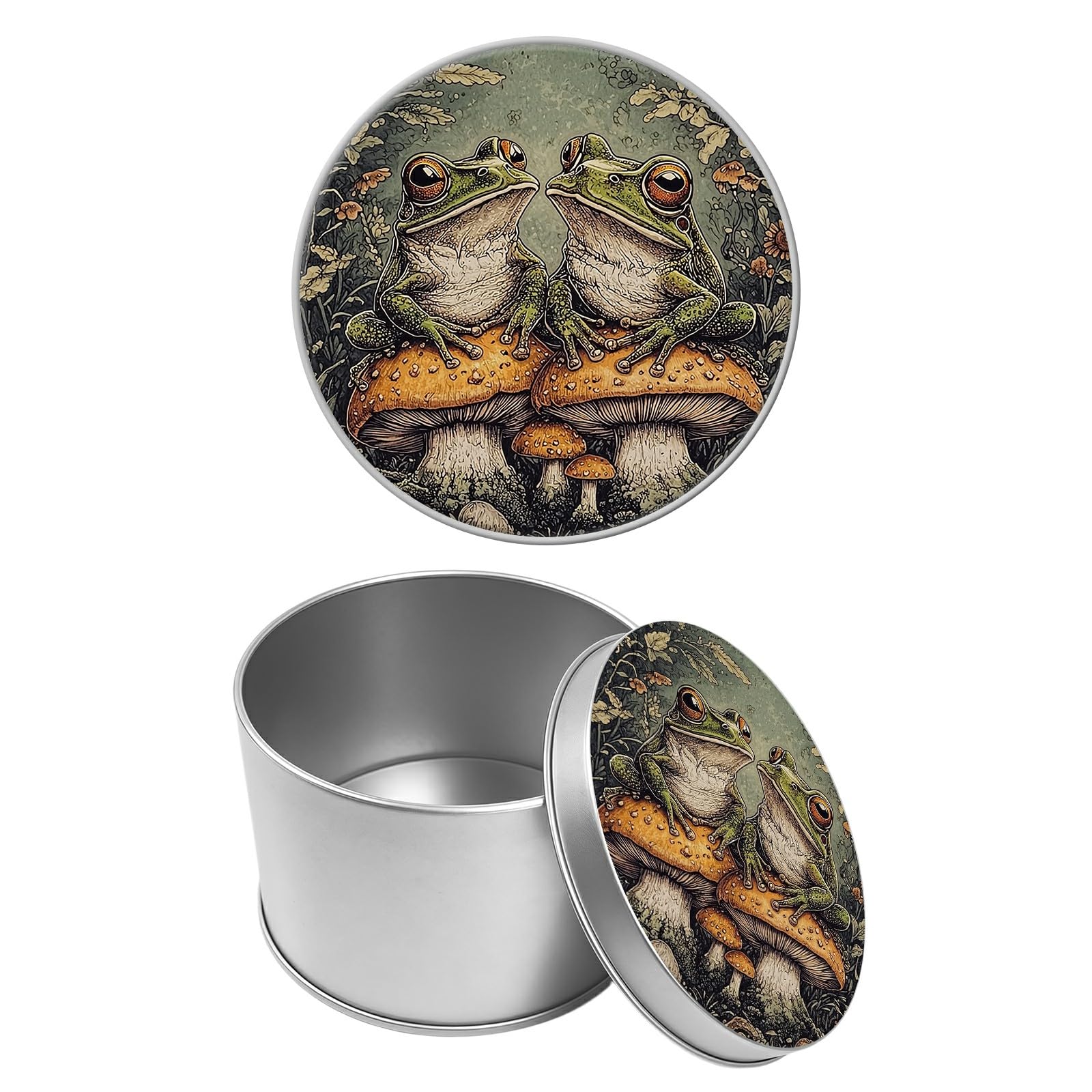 Round Metal Tin Container with Removable Lid, Frogs Mushrooms Durable Metal Storage Box for Cookies Spices Tea Candies Cakes Jewelry Cosmetics 3.54 x 2.36 inch– Single Pack