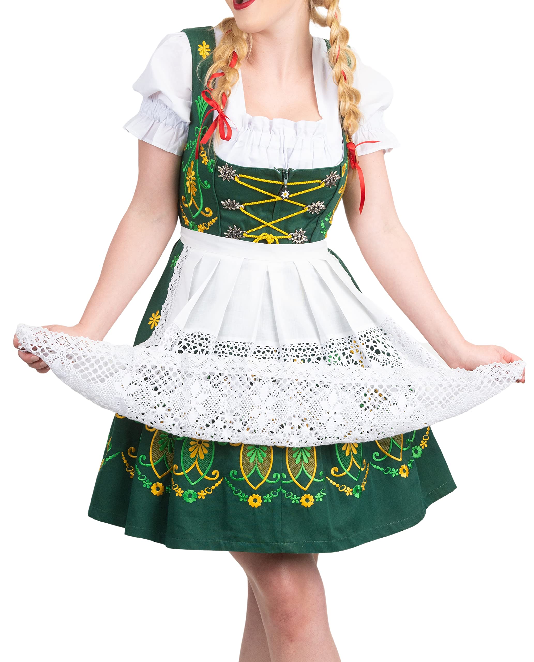 Dirndl Trachten Haus3-Pc Short Knee Length Green Embroidered German Oktoberfest Dirndl Dress With Lace Apron & Crop Top
