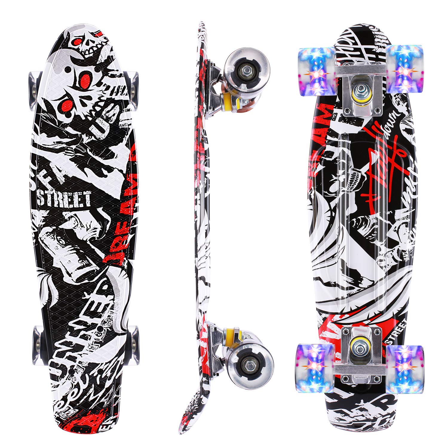 COOCHEER - Monopatín, 55 cm, Mini Cruiser Skateboard con Ruedas de Poliuretano de 60 mm, Completo con rodamientos ABEC-7, Estilo Retro