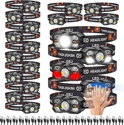 KunHe Paquete de 20 faros delanteros LED recargables con sensor de movimiento, 10 modos para equipo de campamento al aire libre, senderismo, pesca,