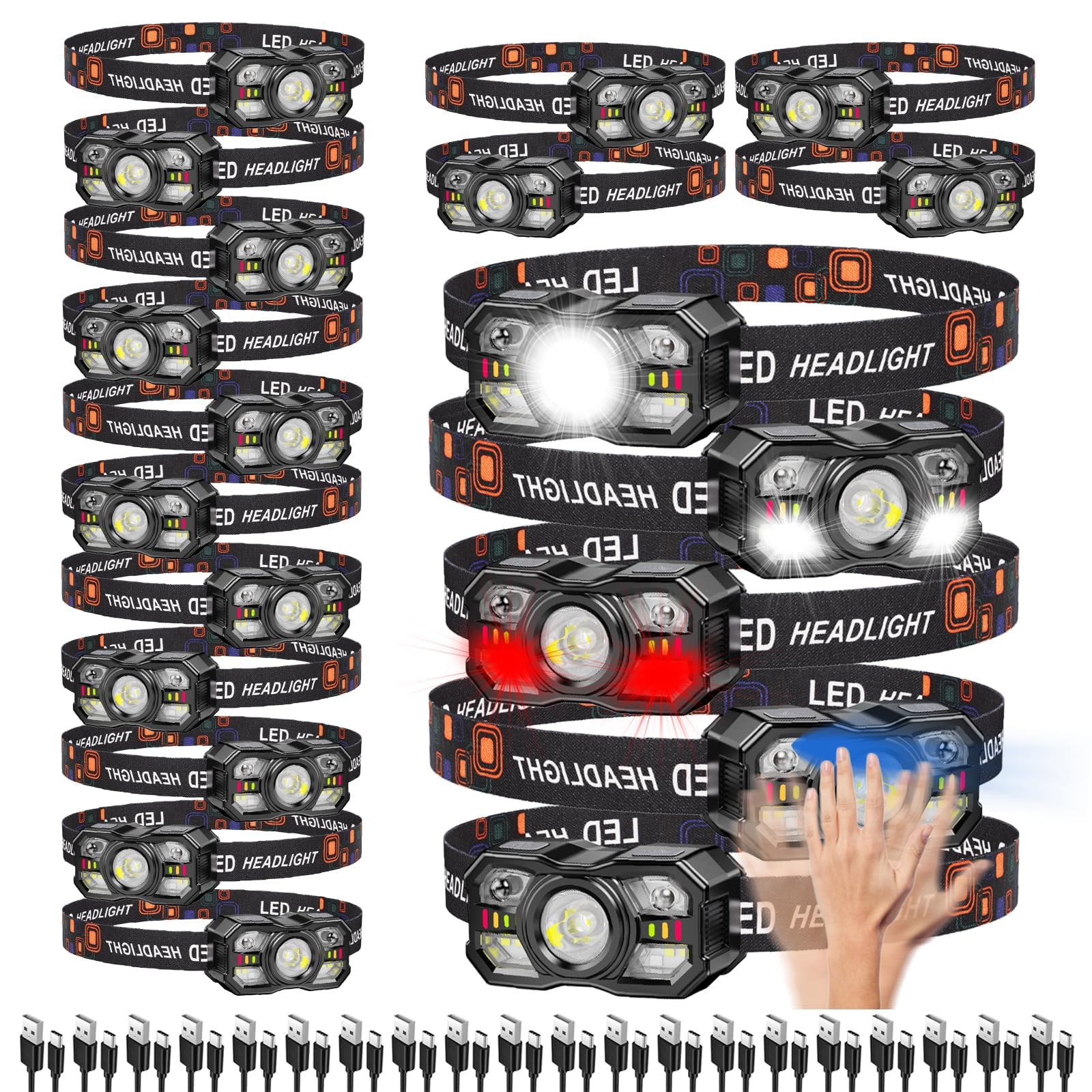 KunHe 20 Pack Rechargeable LED Head Torch with Motion Sensor, 10 Light Modes, Hands-Free Headlamp for Camping, Hiking, Running, Cycling, Fishing & Emergency Use