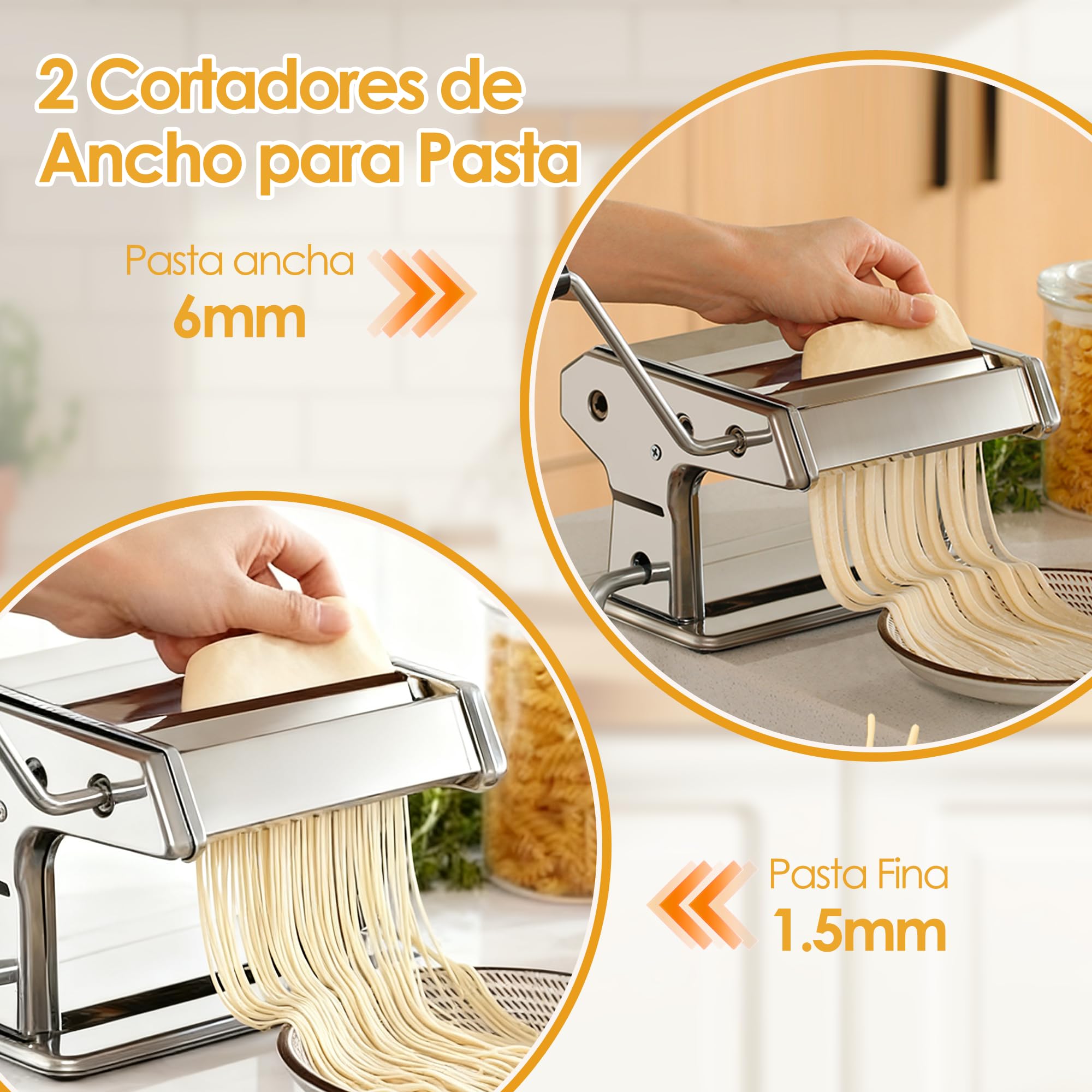 Máquina para Hacer Pasta Manual, Máquina para Hacer Pasta Profesional de Acero Inoxidable con 9 Ajustes de Espesor Ajustables y 2 Cortadores, para Espaguetis, Fettuccini, Lasaña