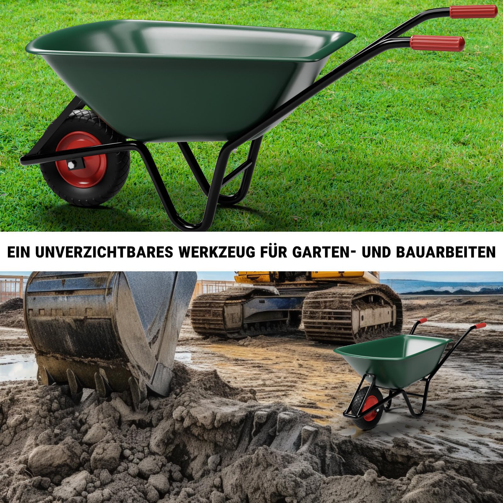 Schubkarre | Robustes Polypropylen | 150kg Tragkraft | 100L Volumen | Luftreifen | Grün | Ergonomischer Griff