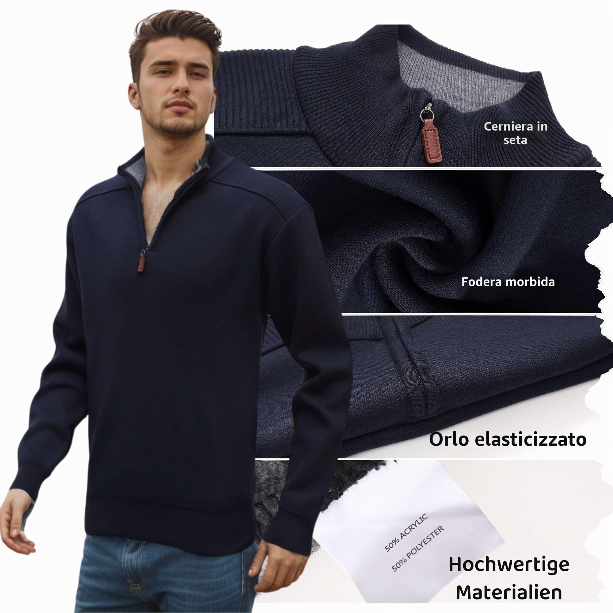 Maglioni Uomo Invernali Collo Alto Casual Cappotti Pullover Giacca in Maglia Maglione Manica Felpa con Zip Caldo Lunga Basic Maglione Slim Leggero Pullover