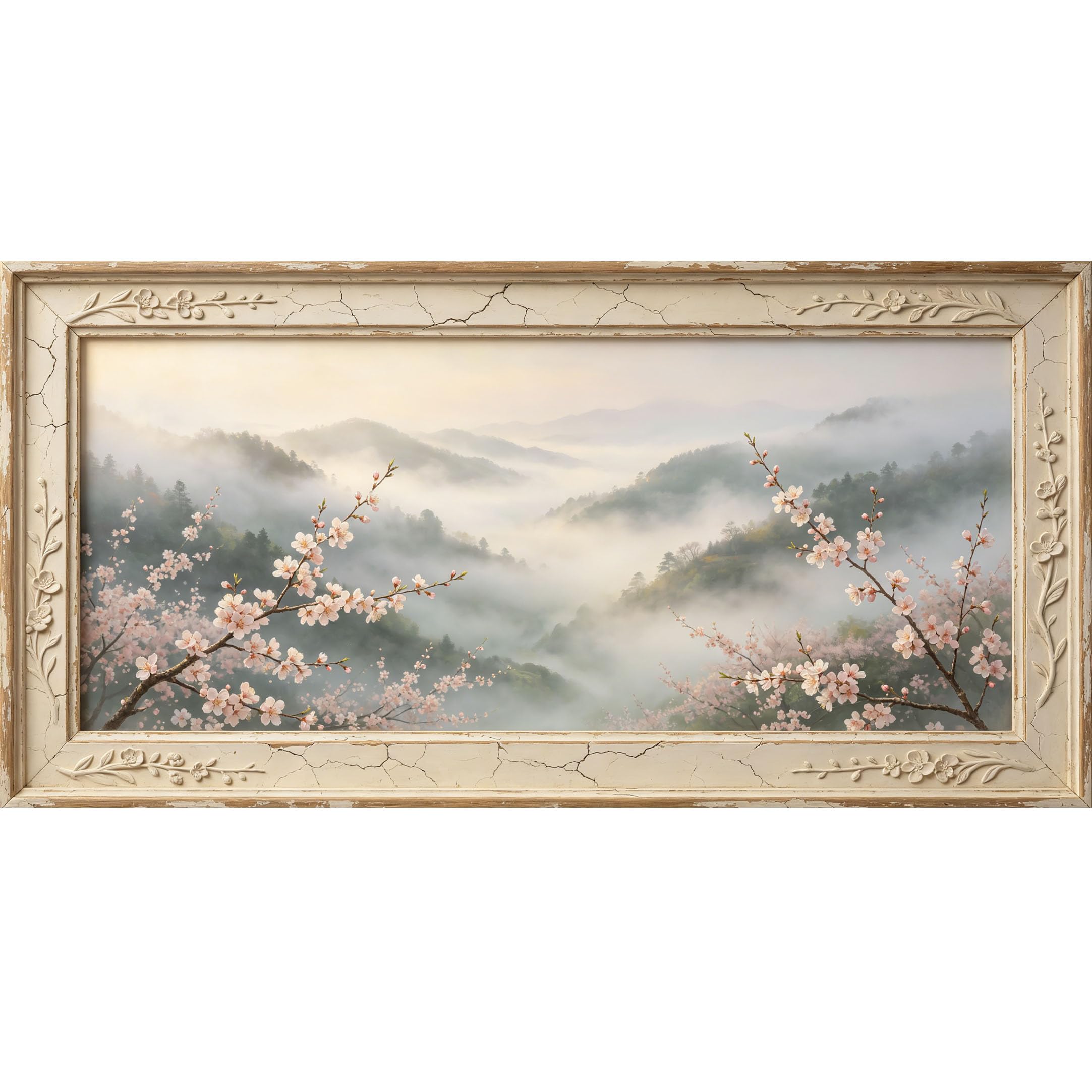 Agglomerix 3D Framed Wall Art Misty Mountain Cherry Blossom Landscape Botanical Relief Effect Large Size SelfAdhesive Removable Wall Decor Prints Artwork for Living Room Bedroom Office