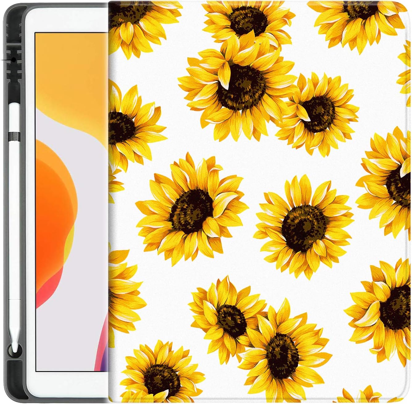 Sahoprt ipad 10.2 2019 2020 Case with Pencil Holder, ipad 7th / 8th Generation Case, Premium Leather Anti-Drop Protective Cover for Apple Tablet, Adjustable Stand with Auto Wake/Sleep (Sunflower)