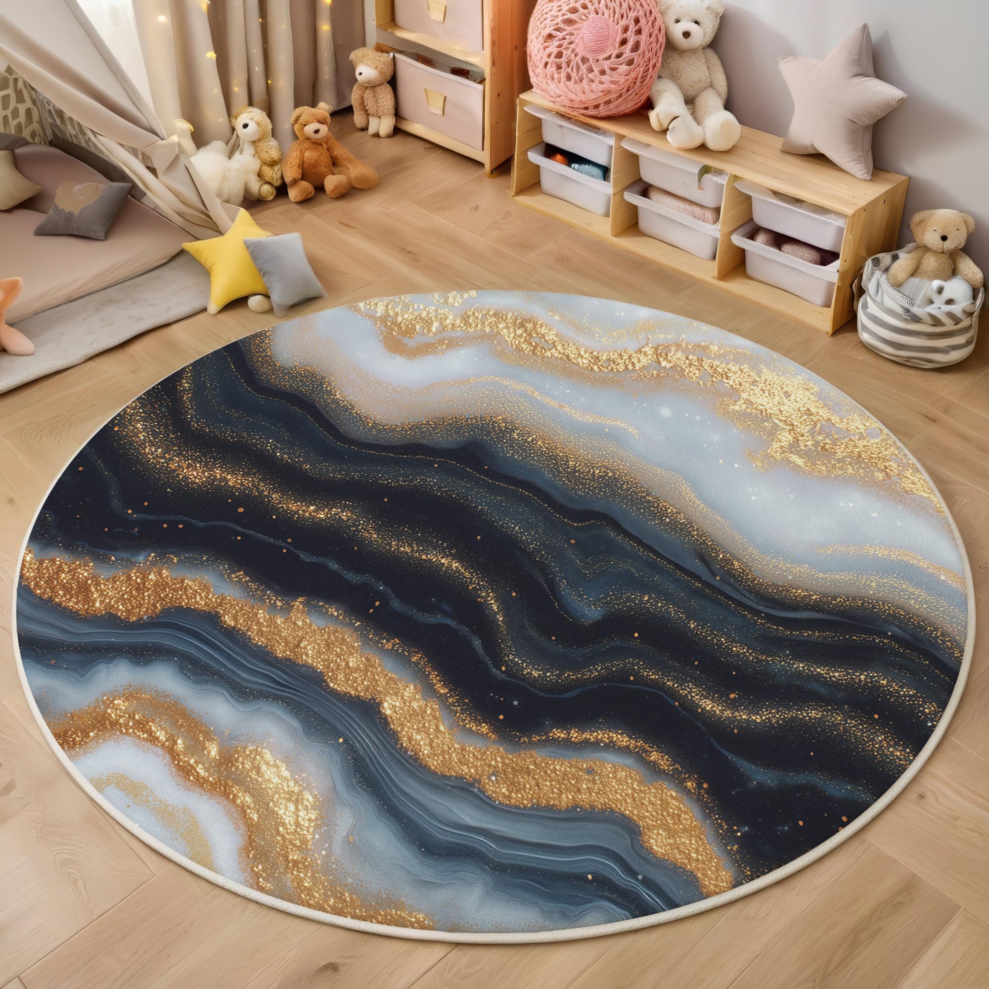 Tapis Rond Style d'art Abstrait Moderne - Lavable en Machine - Motif en Marbre - pour Salon, Chambre à Coucher, Salle de Bain - - Or - 160cm