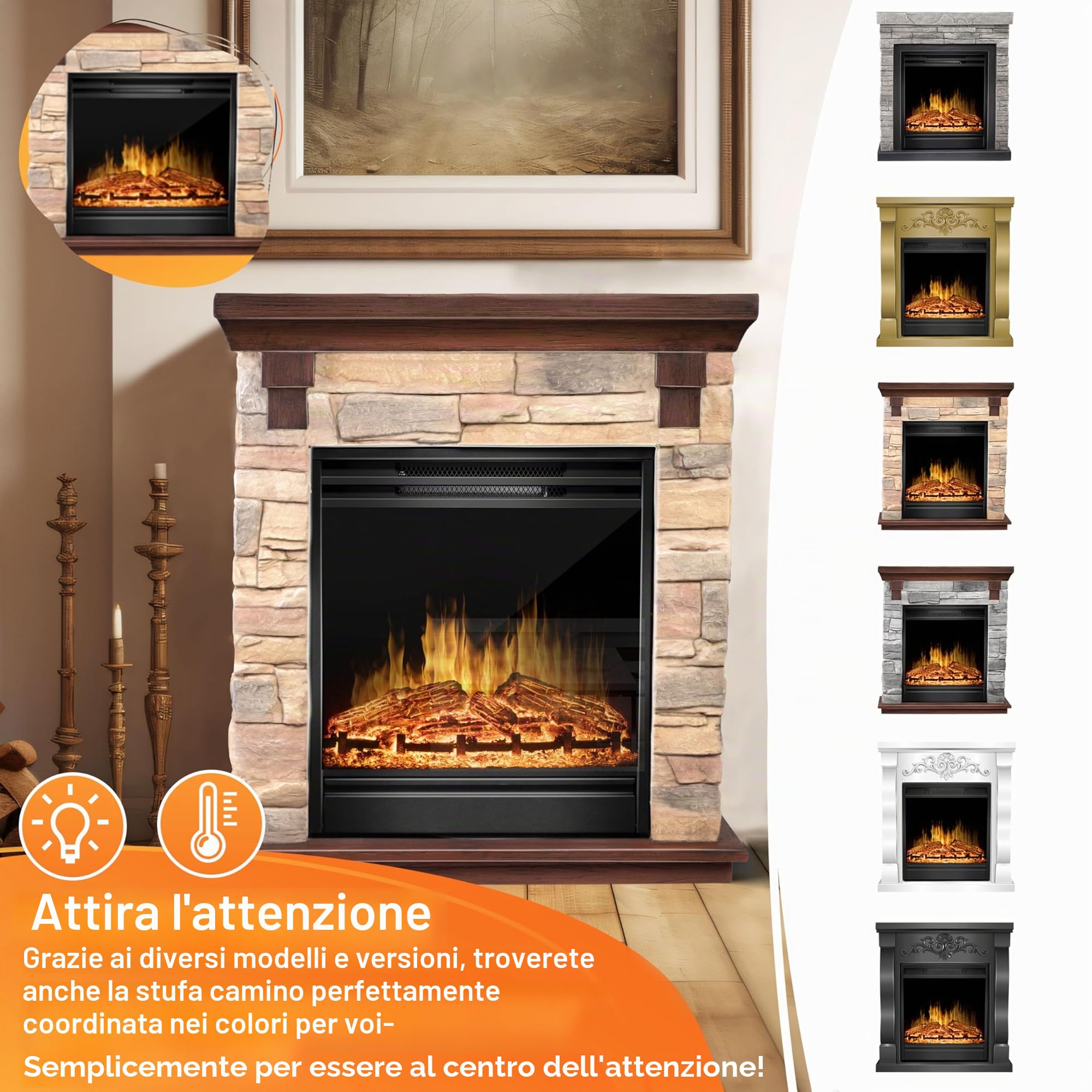 KESSER® Caminetto elettrico Casminetto da appoggio - Caminetto con effetto fiamma LED 3D, con funzione di riscaldamento, caminetto con potenza 1800W, (Natur/Braun)