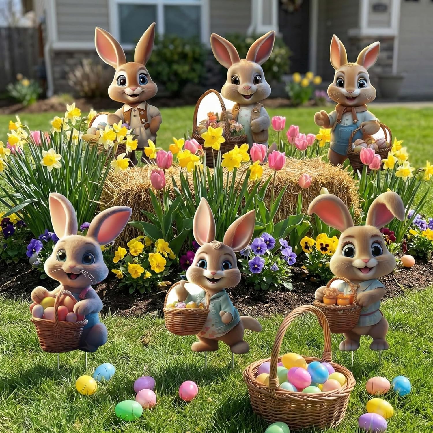 Señal decorativa de conejos de Pascua para jardín, carteles publicitarios 2D de Pascua, estacas para huevos de Pascua, letrero de granja para decoración de jardín, gran decoración de Pascua al aire