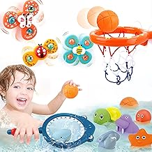 Bath Toys Playset, Fun Basketball Hoop & Balls, Bathtub Pool Shooting Game & Fishing Game, Sensory Suction Cup Spinner Spinning Top Baby Toy, for Little Boys Girls Kids Toddlers