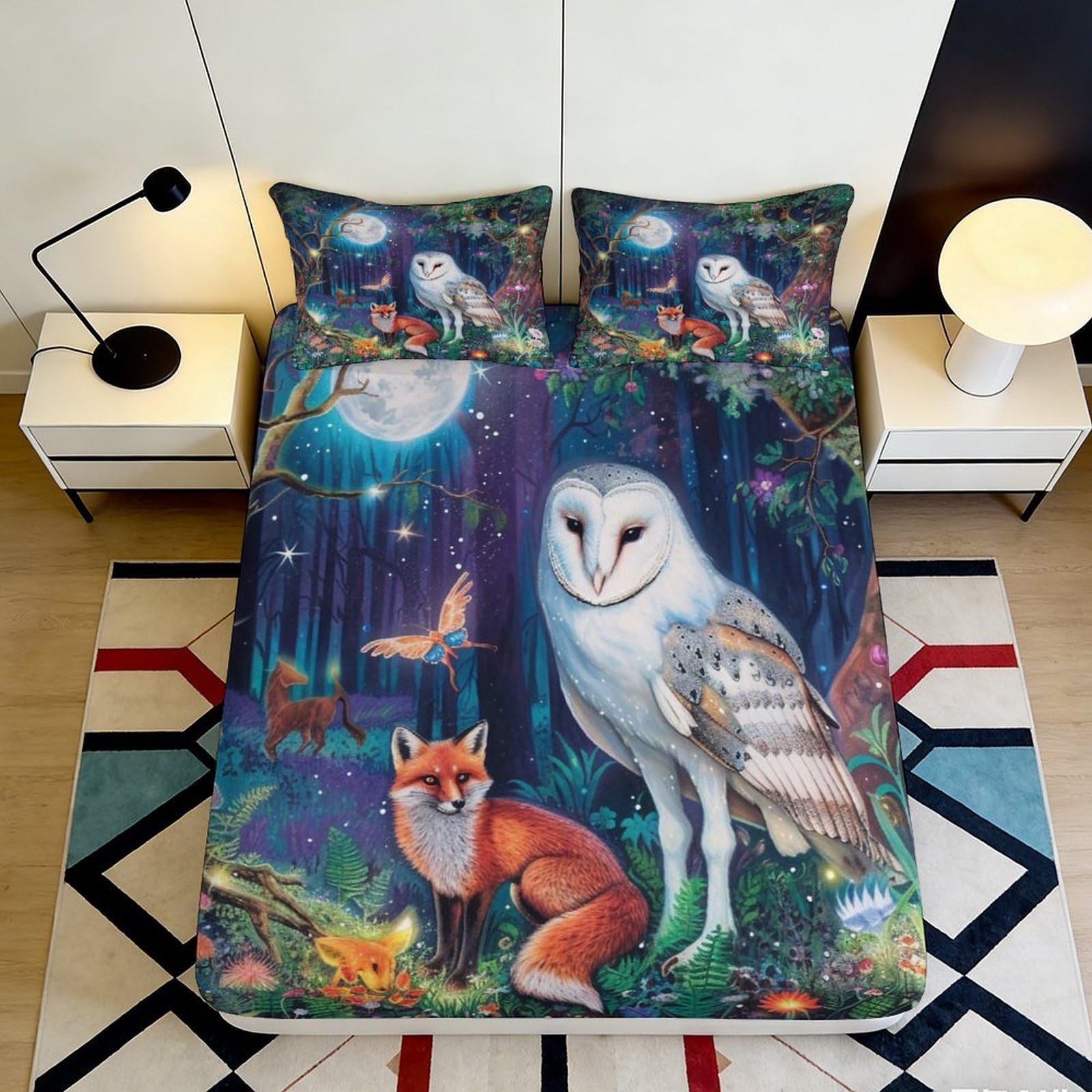 Pnayamiorkfel Style-4 3D Printed Forest Owl Fox Fitted Sheet Microfiber Soft Mattress Cover For Bedroom Guest Room Decor Machine Washable 90X200x25cm