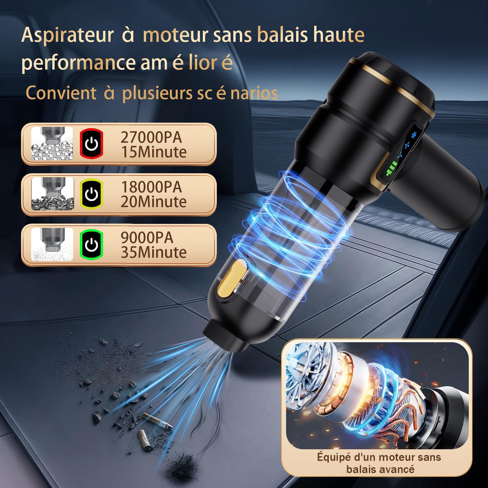 Aspirateur à Main Rechargeable, aspirateur sans Fil Puissant de 27000 PA, Vitesse de Rotation de 220000 Tours/Minute, adapté au Nettoyage des Voitures, des Bureaux et des Poils d'animaux