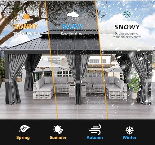 Miniatura 8 de Jolydale Cenador de aluminio con techo rígido de 12 x 20 pies, toldo de marco de metal para exteriores con mosquitera y paredes laterales de