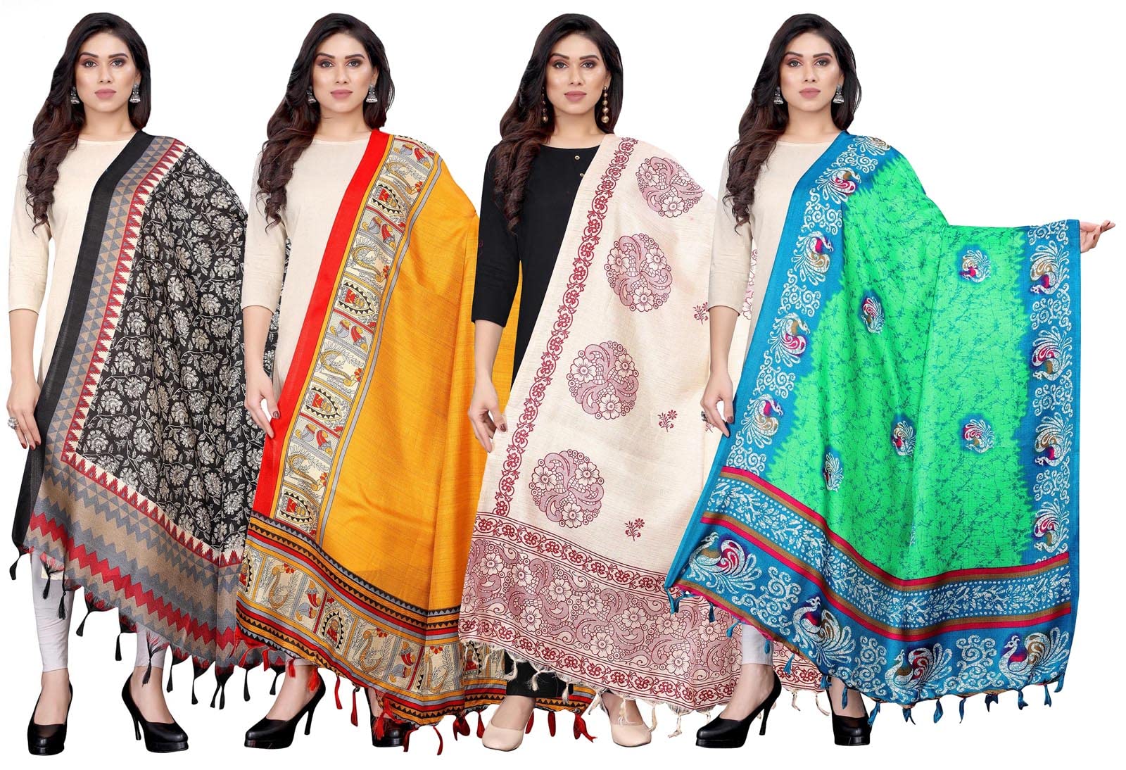 Peegli Ethnic Dupatta Multicolor Set of 4 Bhagalpuri Silk Scarves Indian Scarf