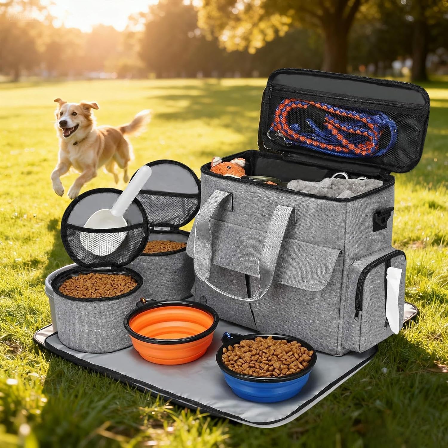 犬の旅行バッグ - ペットフードキャリア、子犬のギアトート|ポータブル給餌ストレージアクセサリーアウトドアキャンプ旅行、折り畳み式の