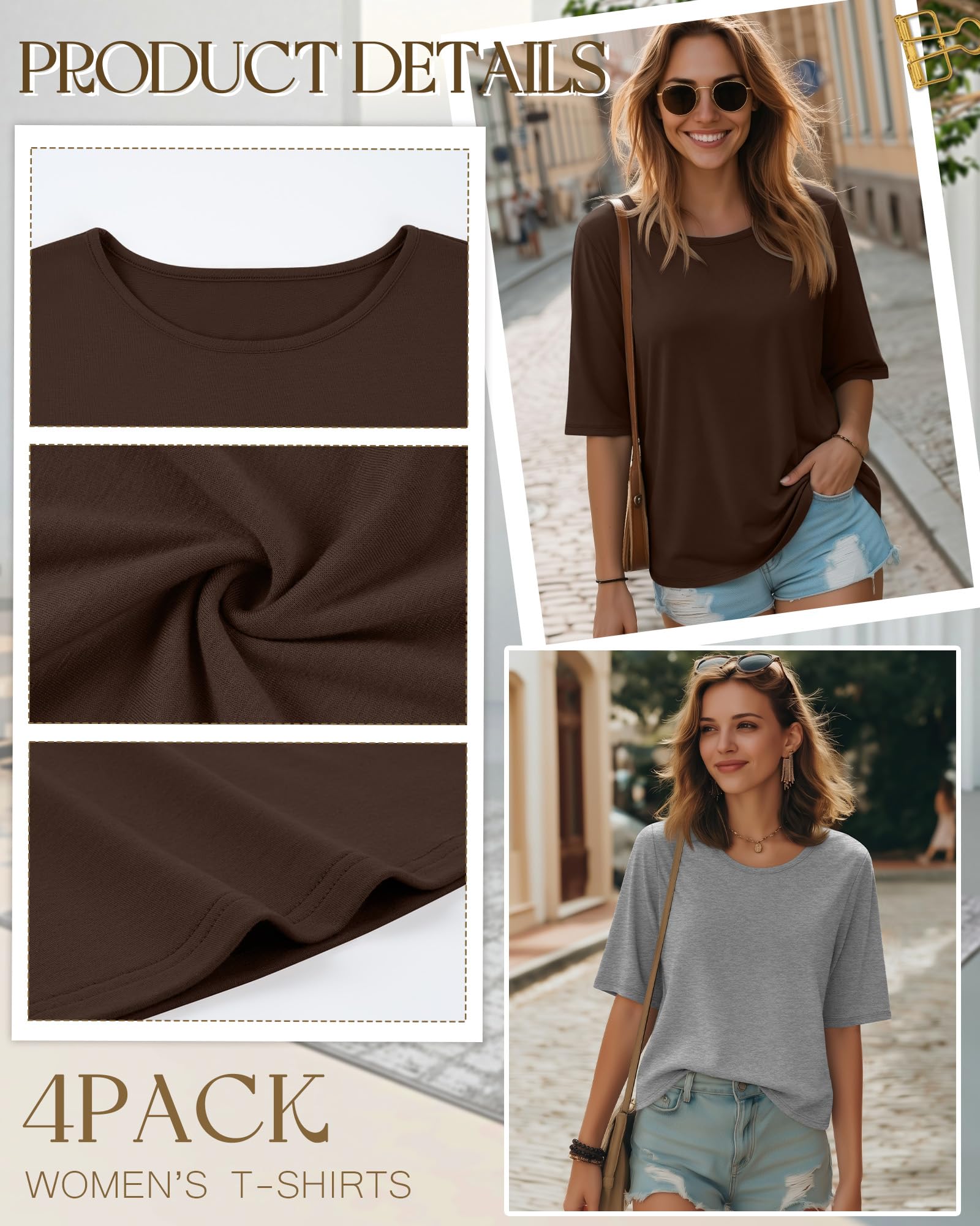 Neer Confezione da 4 Top da Donna a Mezza Manica, Lunghezza al Gomito, Oversize, Girocollo, Top Casual Estivi.