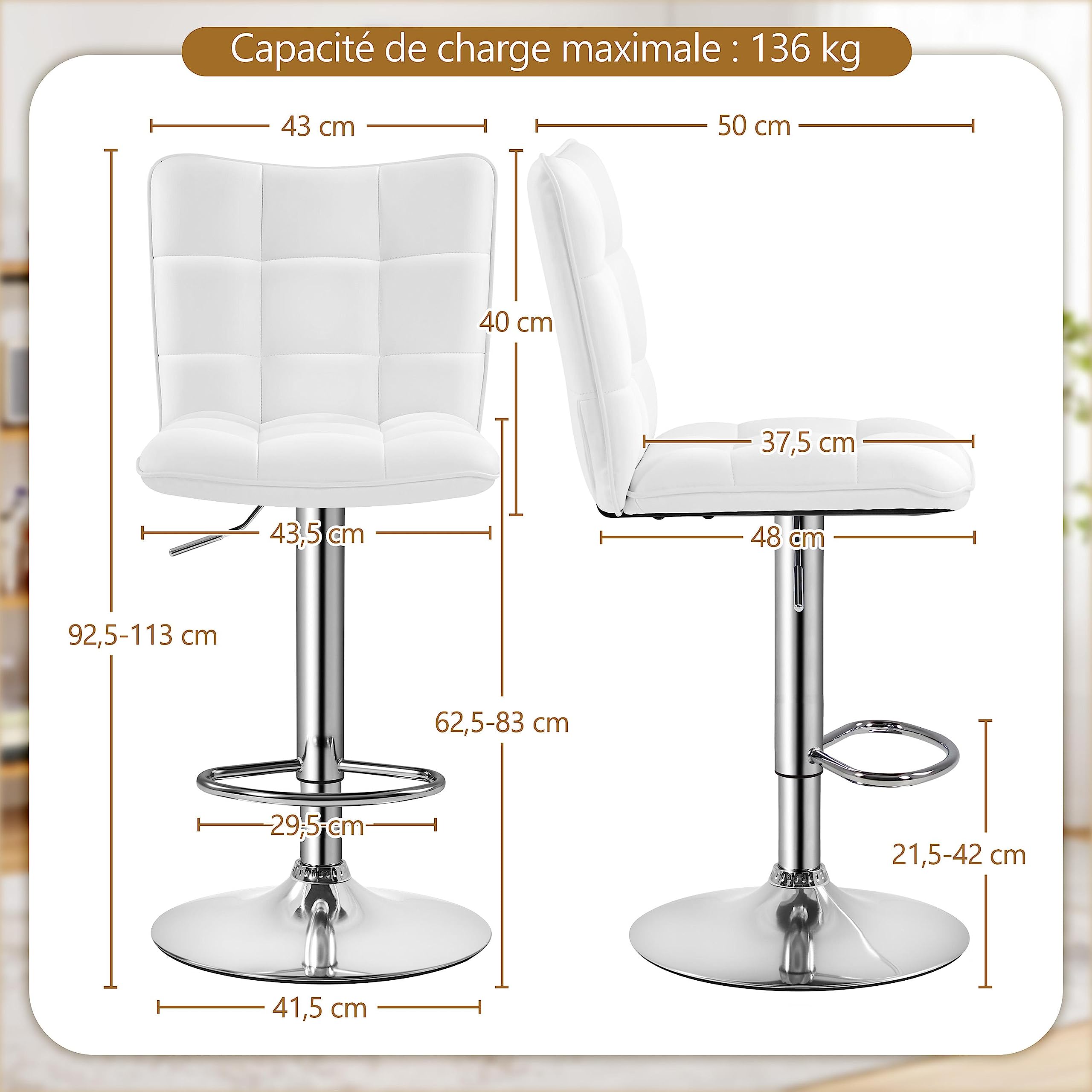 Yaheetech Lot de 2 Tabourets de Bar en Similicuir Réglables en Hauteur Chaises de Bar Assise Pivotante à 360° Tabourets de Cuisine pour Bar Salle à Manger Comptoir 50 × 43,5 × 92,5 cm 2/Blanc