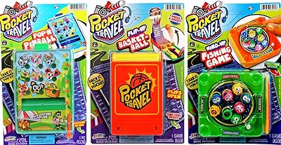 JA-RU Pocket Games for Kids Travel Toys Finger Games Set (3 Games) Mini Games for Kids Pocket Pinball, Mini Basketball & Magnetic Fishing. Fidget Toys, Party Favors, Stress Toys. 3255-3258-3205p