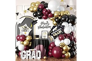 A Grand Graduation Statement: Burgundy, Black, White and Gold Balloon Arch