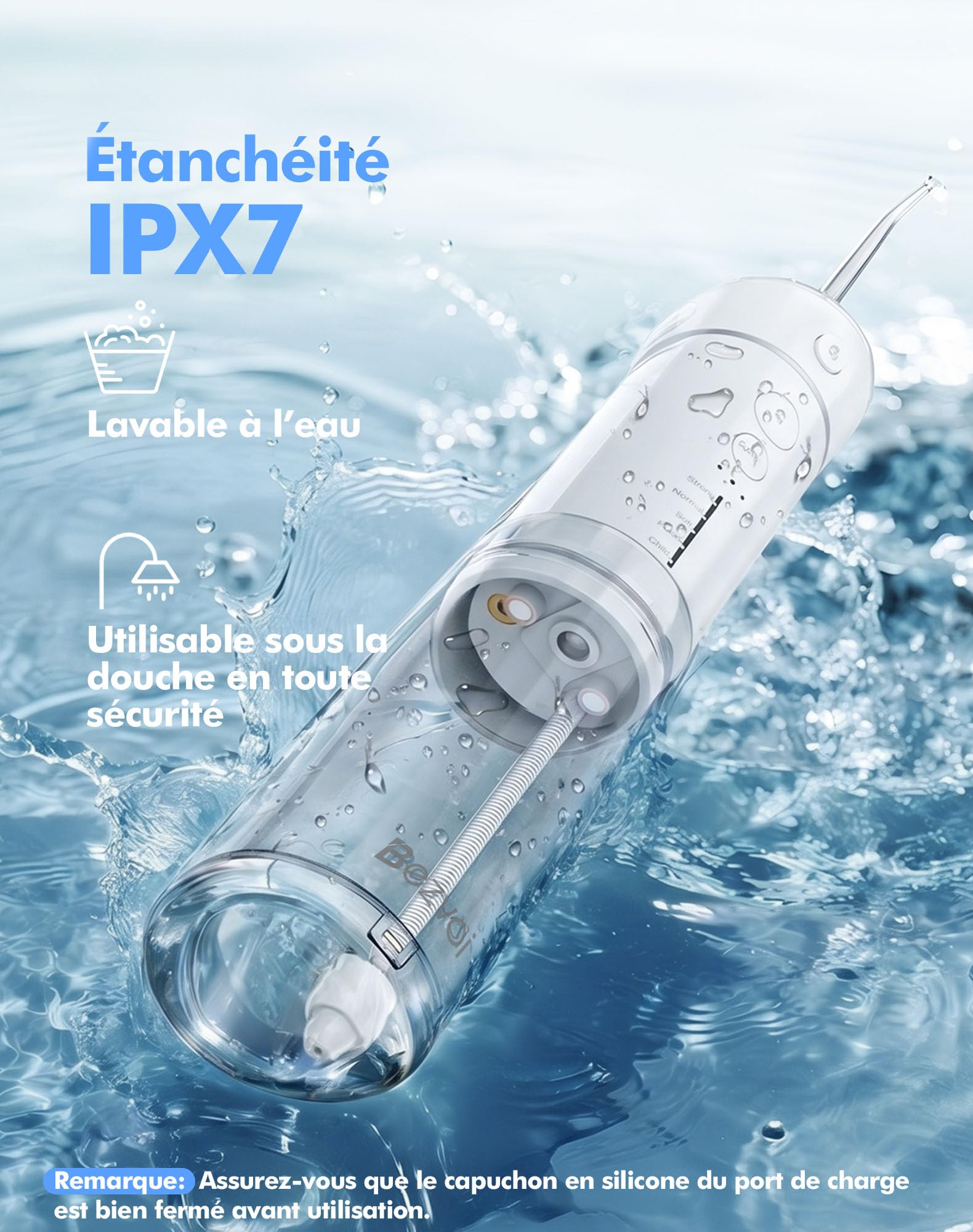 Bezvoi Mini Jet Dentaire Hydropulseur Portable- Irrigateur Oral Rechargeable avec 6 Embouts, 5 Modes, Réservoir 180ml, Étanche IPX7 - Pour Soins Buccaux, Voyage et Soins Orthodontiques,Blanc
