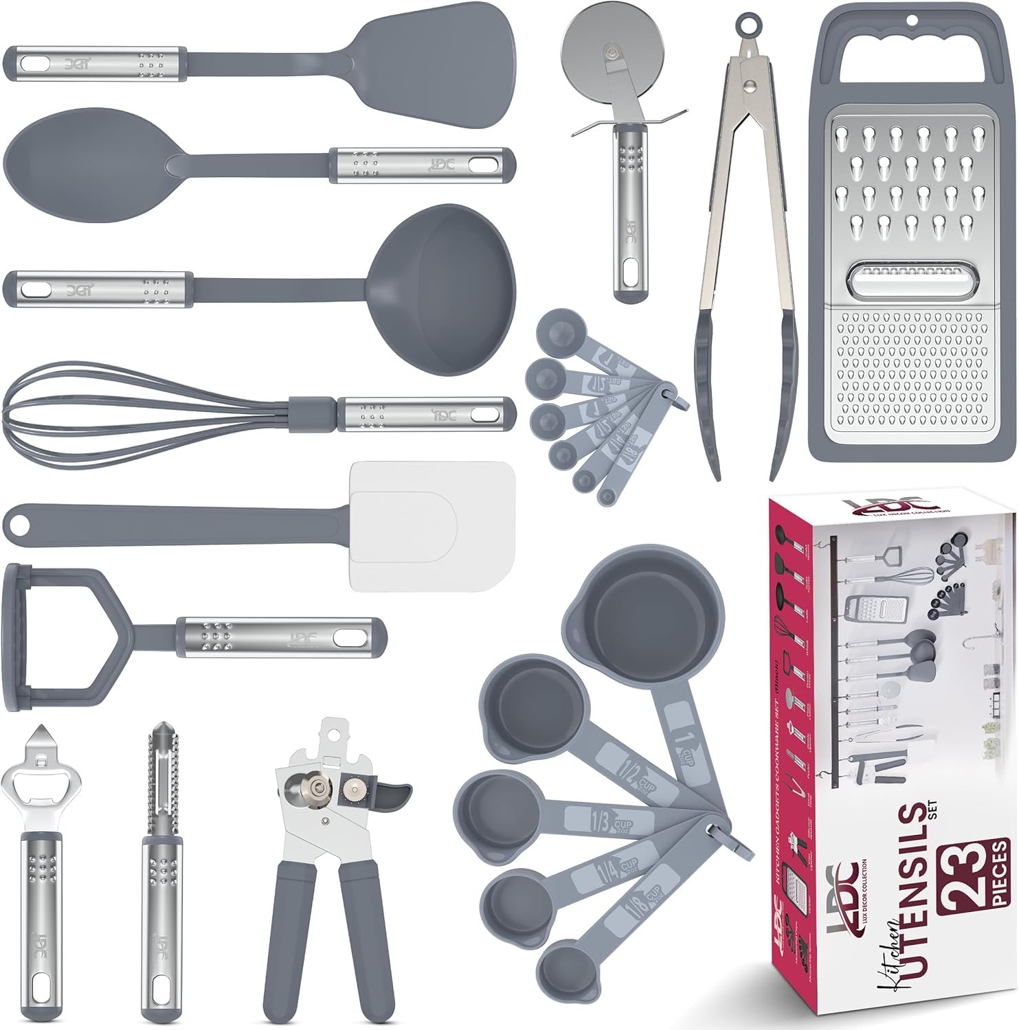 LDC Cooking Utensils Set BPA Free, Food Grade – Heat Resistant Non-Stick Cooking Set with Stainless Steel Handles, Kitchen Essential Tools and Gadgets, 23 Piece – Grey LDC Cooking Utensils Set BPA Free, Food Grade – Heat Resistant Non-Stick Cooking Set with Stainless Steel Handles, Kitchen Essential Tools and Gadgets, 23 Piece – Grey