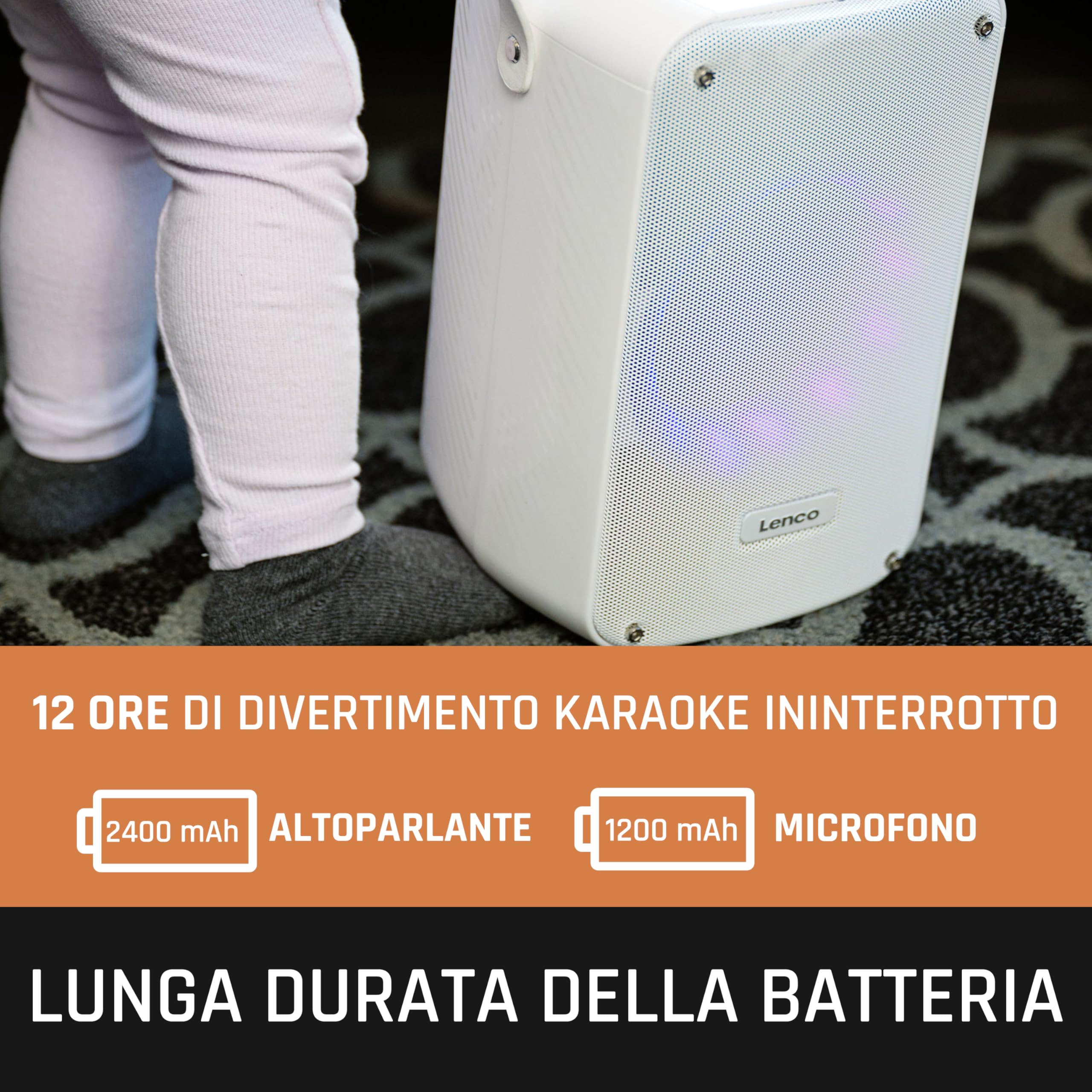 Lenco BTC-060 Macchina per karaoke portatile - Bluetooth 5.2-20 Watt RMS - 2 altoparlanti - microfono - telecomando - batteria integrata - effetti luce - bianco