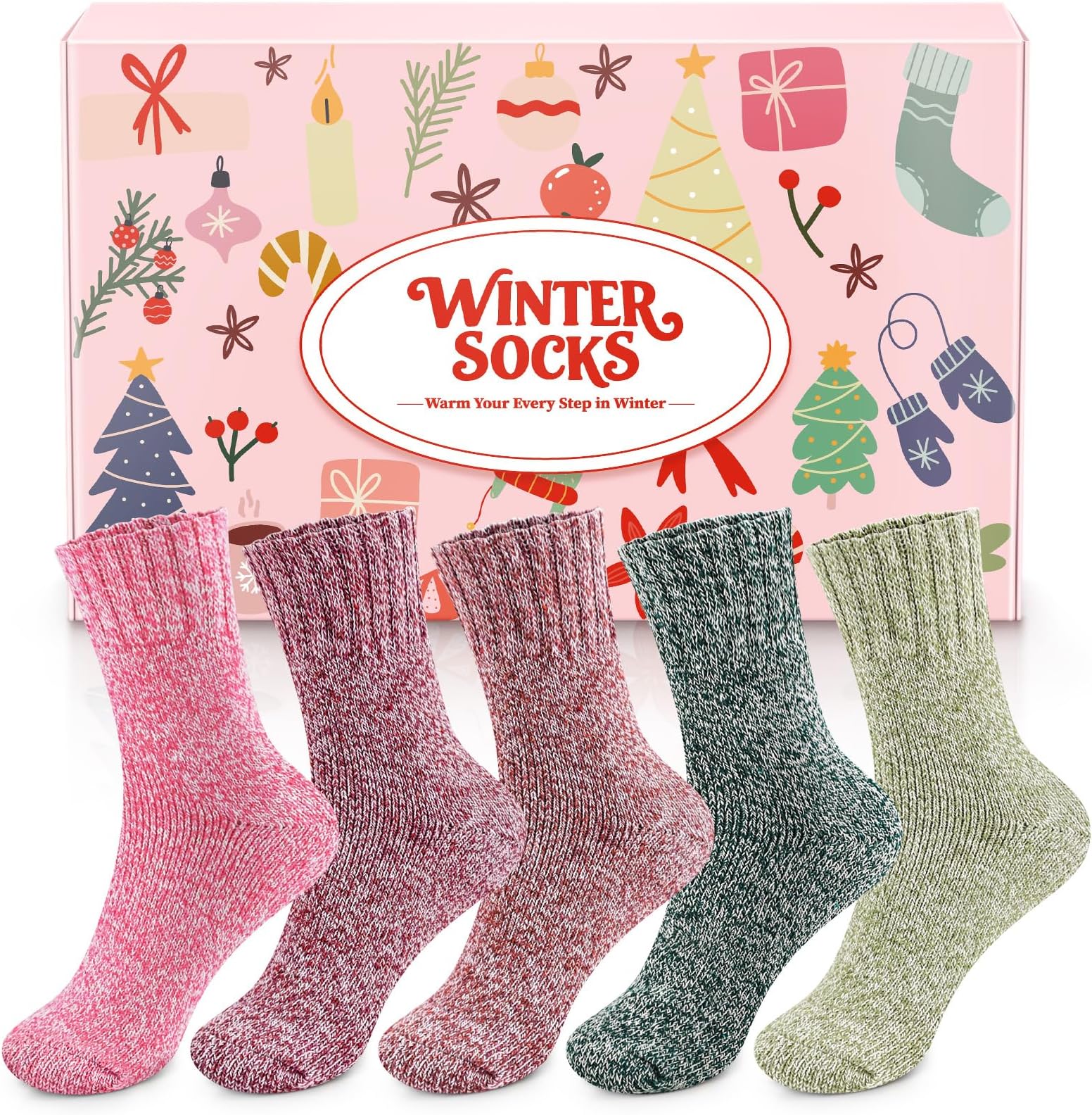 Thermal Winter Women Socks 5 Pairs Wool Warm Knitting Ladies Socks Vintage Style Soft Cotton Thick Woman Bed Sock Multicoloured for Home Office School Hiking, Ideal Christmas Gifts for Women